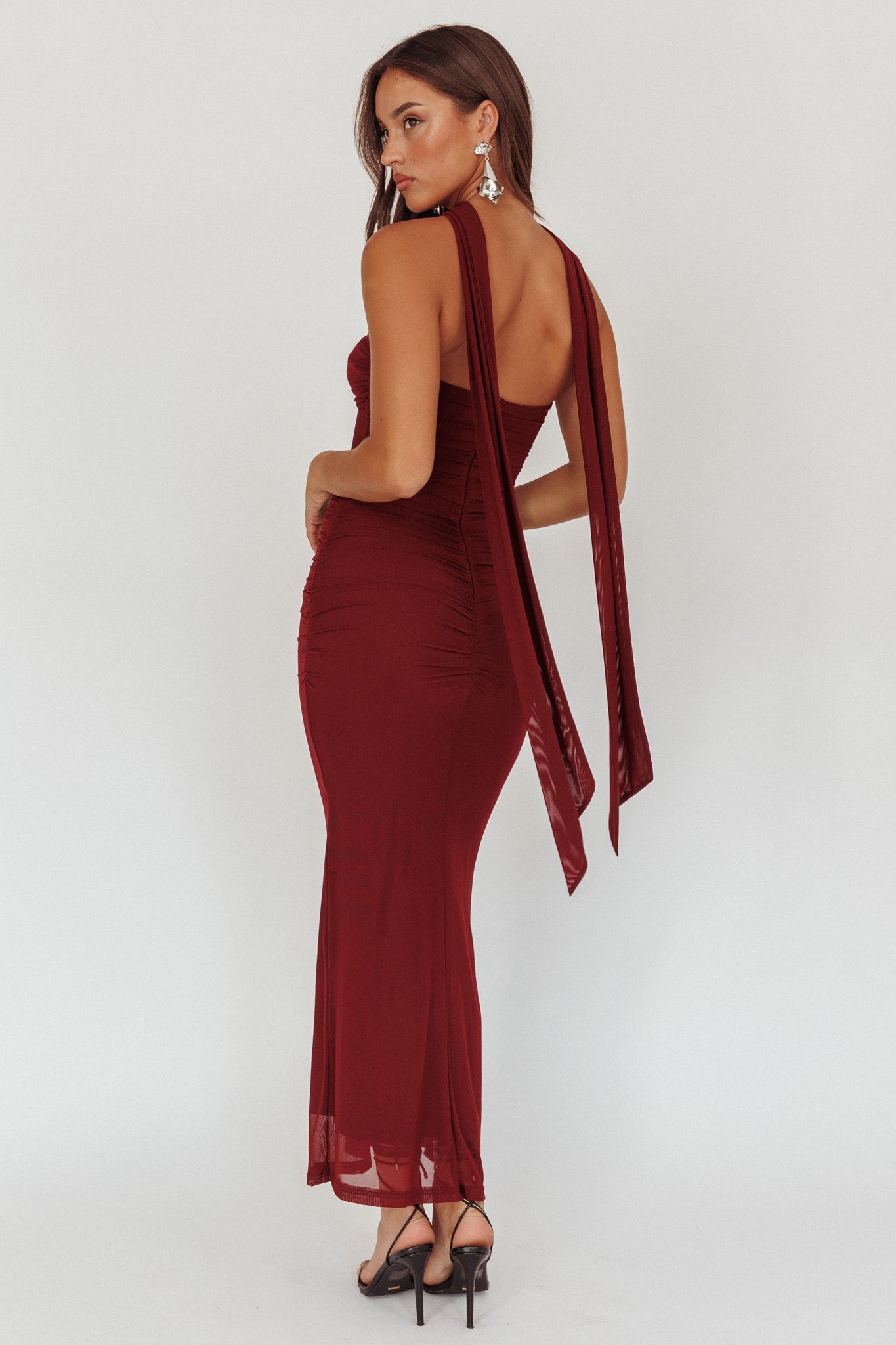 Oliana Strapless Mesh Maxi Dress Wine by Selfie Leslie