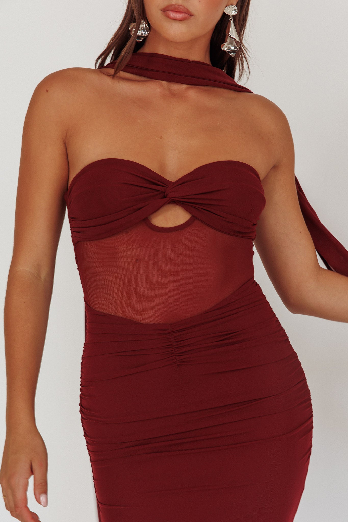 Oliana Strapless Mesh Maxi Dress Wine by Selfie Leslie