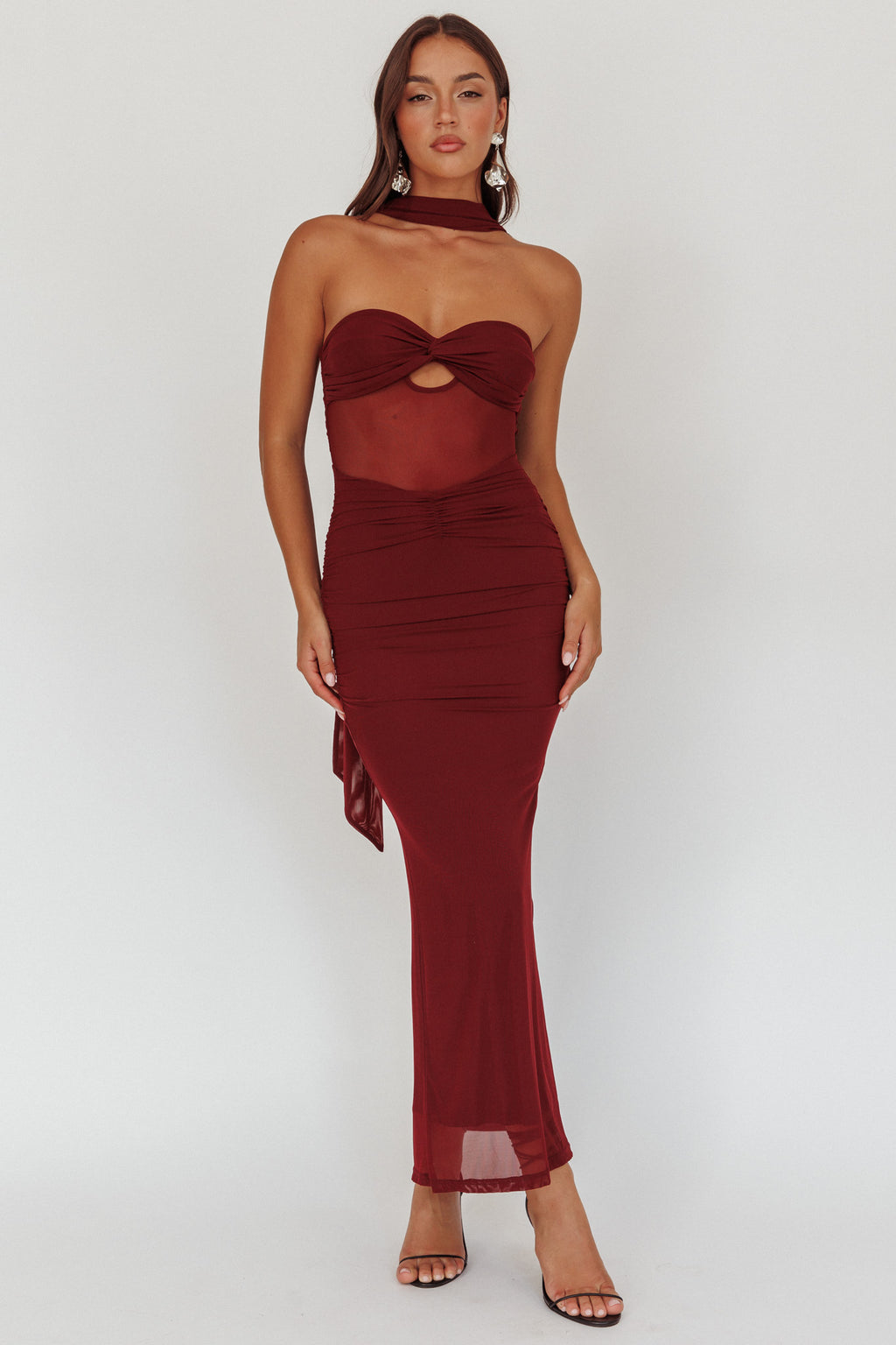 Oliana Strapless Mesh Maxi Dress Wine by Selfie Leslie