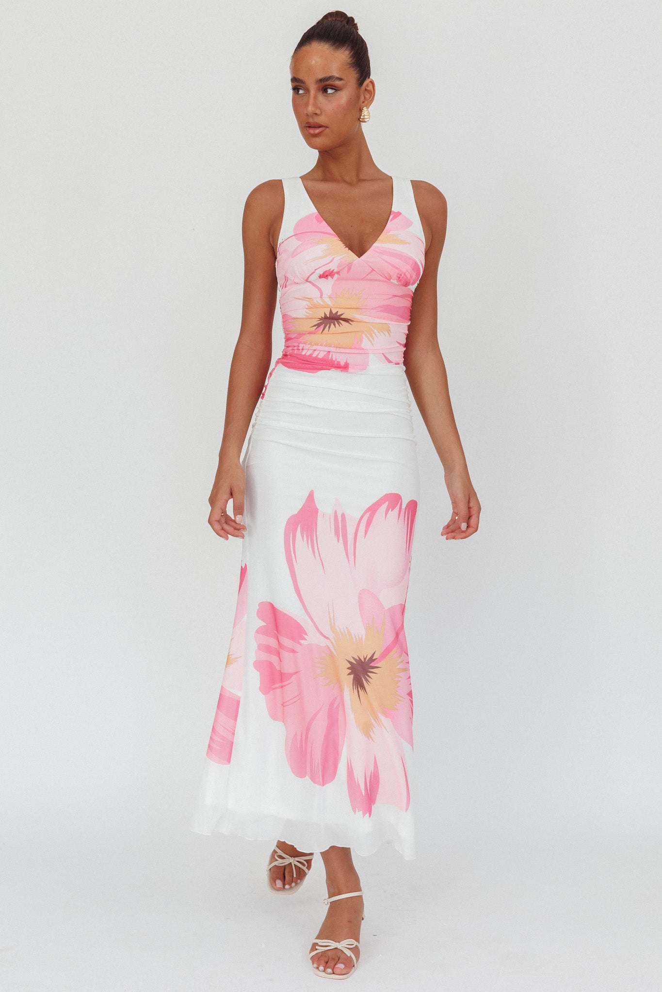 Shop the Oliana V-Neck Mesh Maxi Dress Hibiscus White/Pink