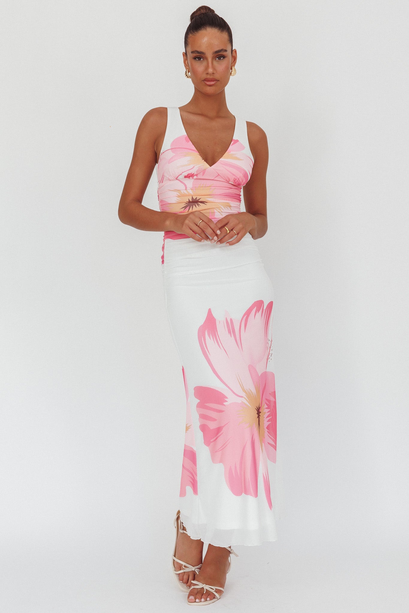Oliana V-Neck Mesh Maxi Dress Hibiscus White/Pink by Selfie Leslie