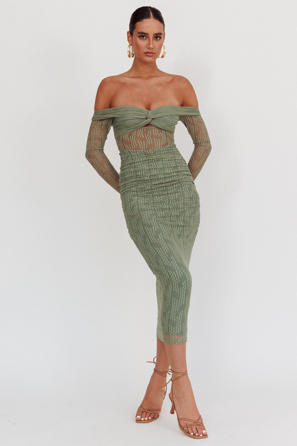 Oliana Off-Shoulder Mesh Maxi Dress Fern by Selfie Leslie