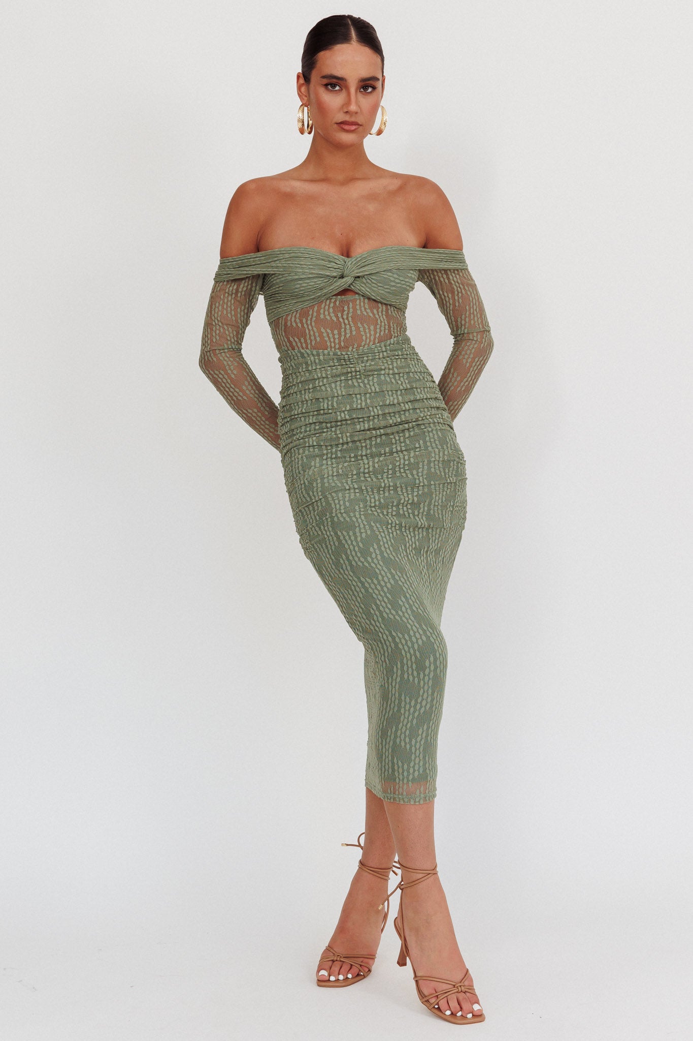 Oliana Off-Shoulder Mesh Maxi Dress Fern by Selfie Leslie
