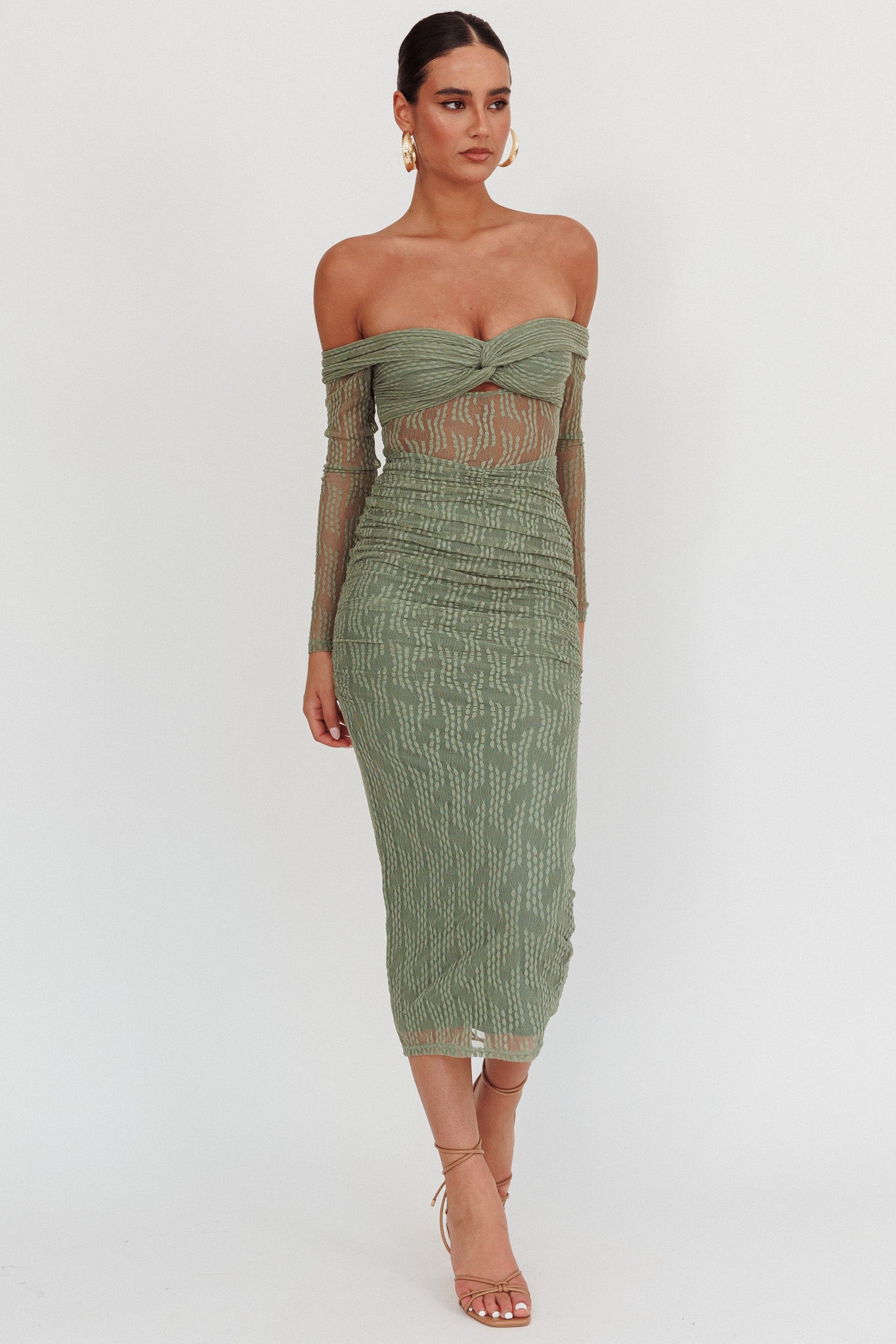 Oliana Off-Shoulder Mesh Maxi Dress Fern by Selfie Leslie