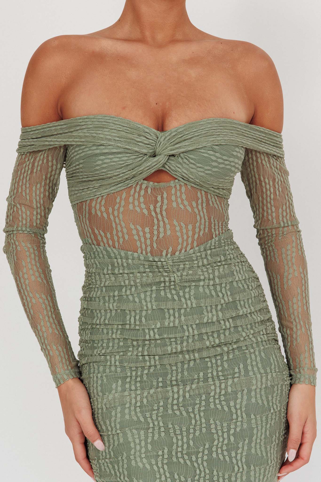 Oliana Off-Shoulder Mesh Maxi Dress Fern by Selfie Leslie