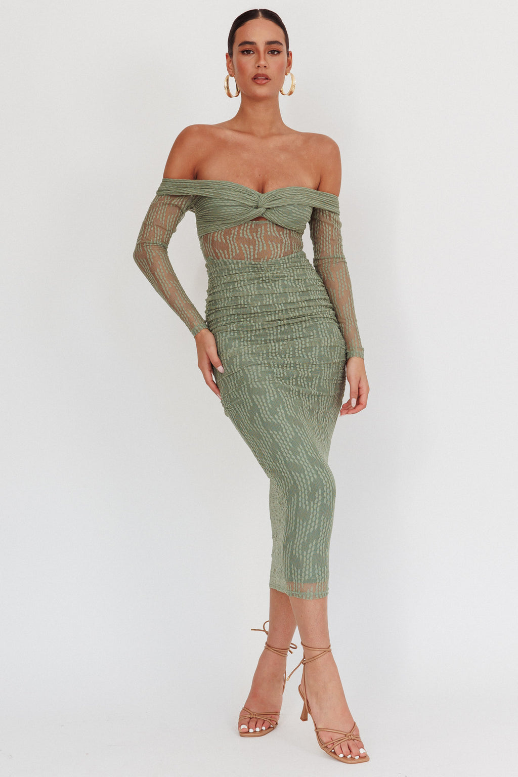 Oliana Off-Shoulder Mesh Maxi Dress Fern by Selfie Leslie