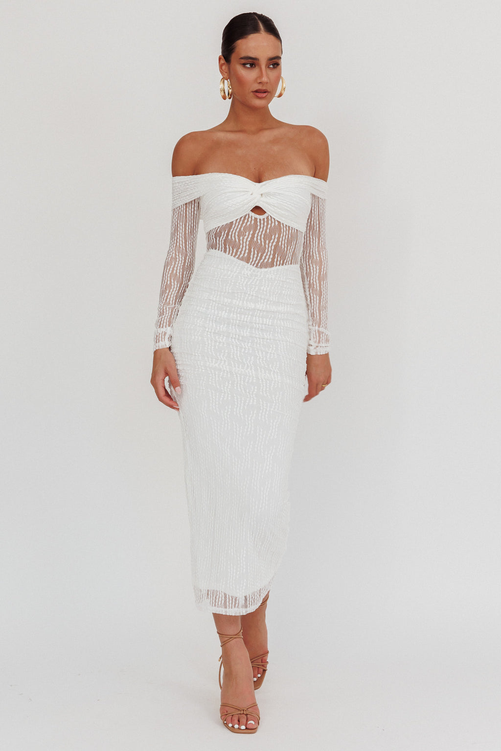 Oliana Off-Shoulder Mesh Maxi Dress White by Selfie Leslie