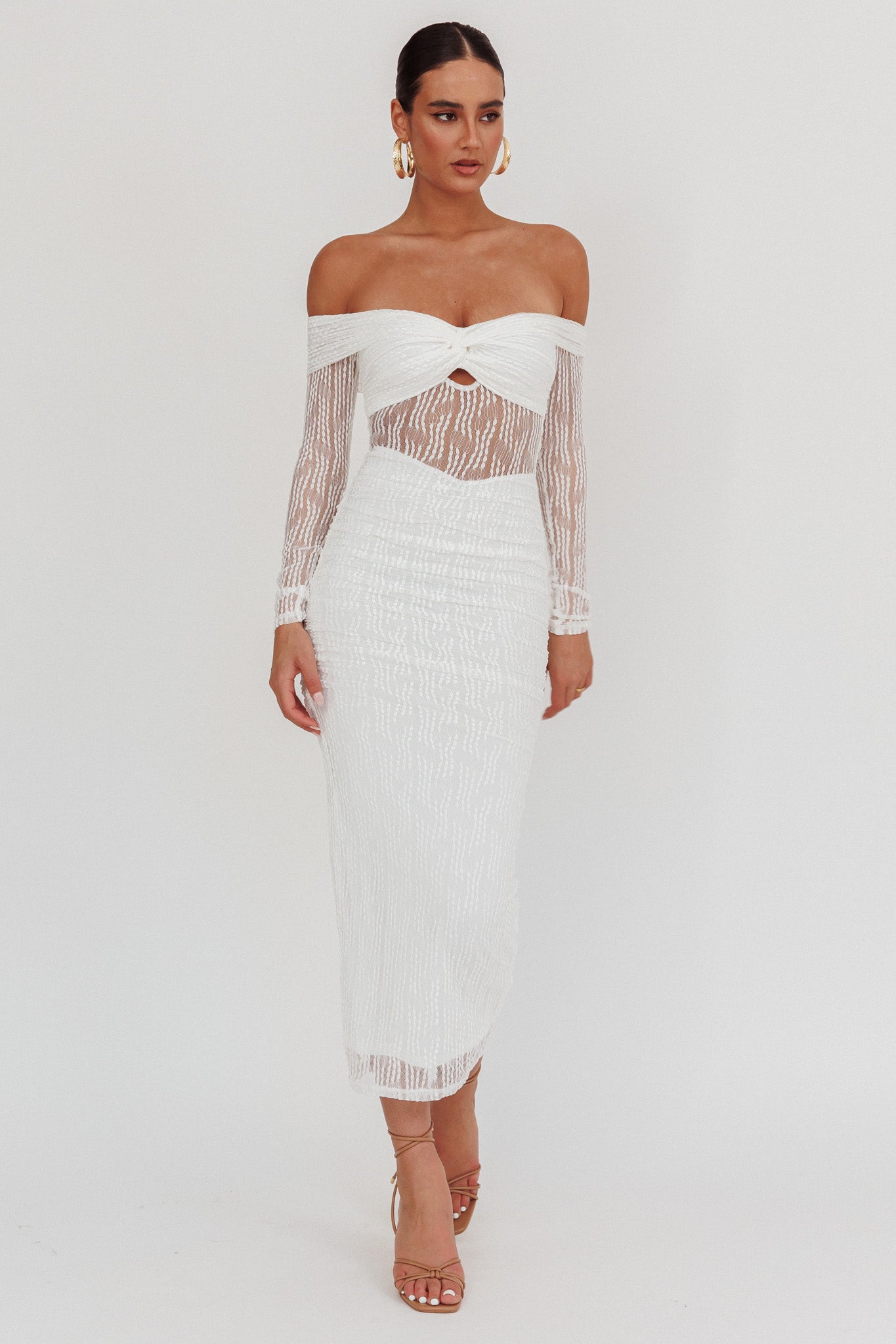 chinese dress ladies Oliana Off-Shoulder Mesh Maxi Dress White