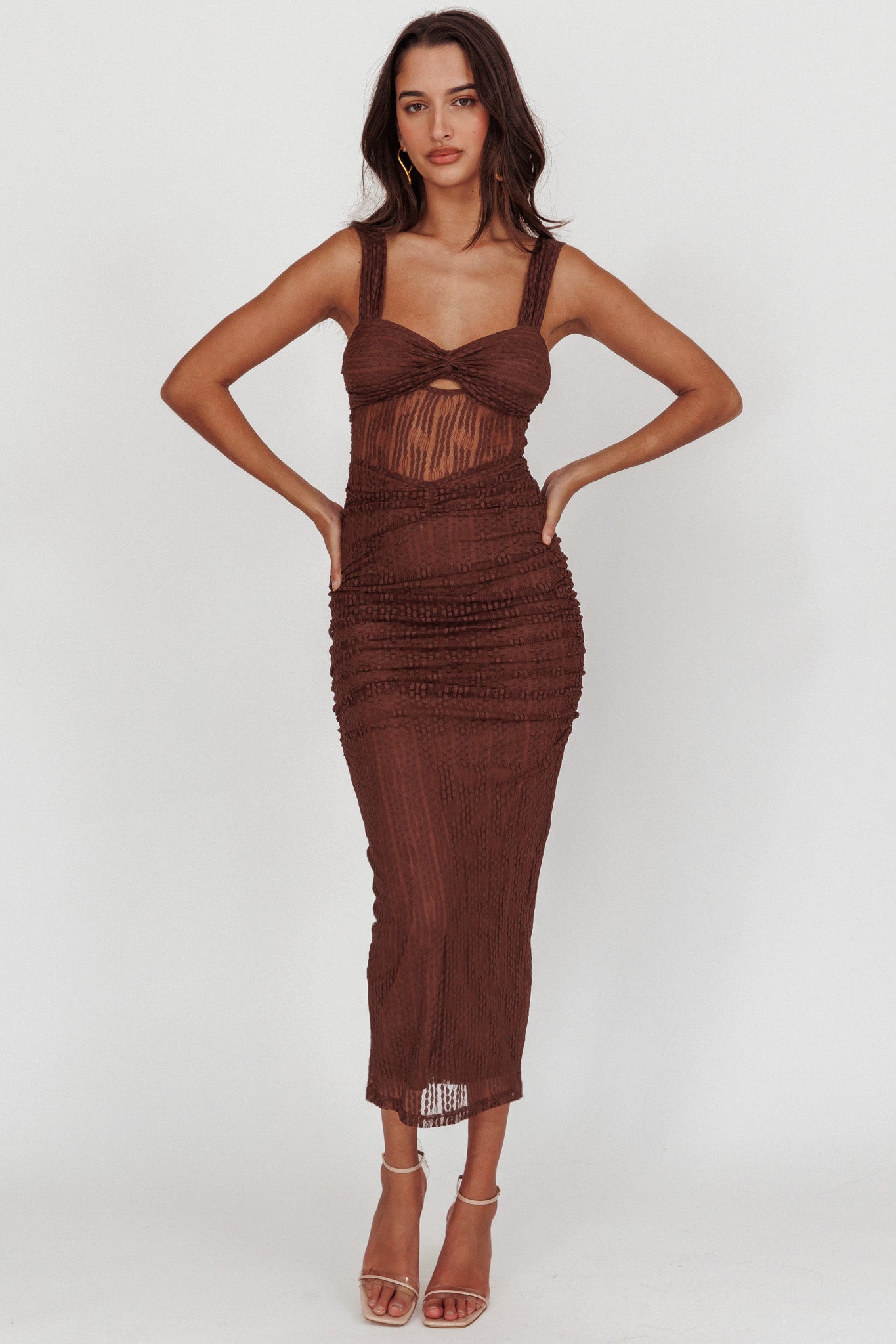 Oliana Embroidered Mesh Midi Dress Chocolate Oliana Embroidered Mesh Midi Dress Chocolate