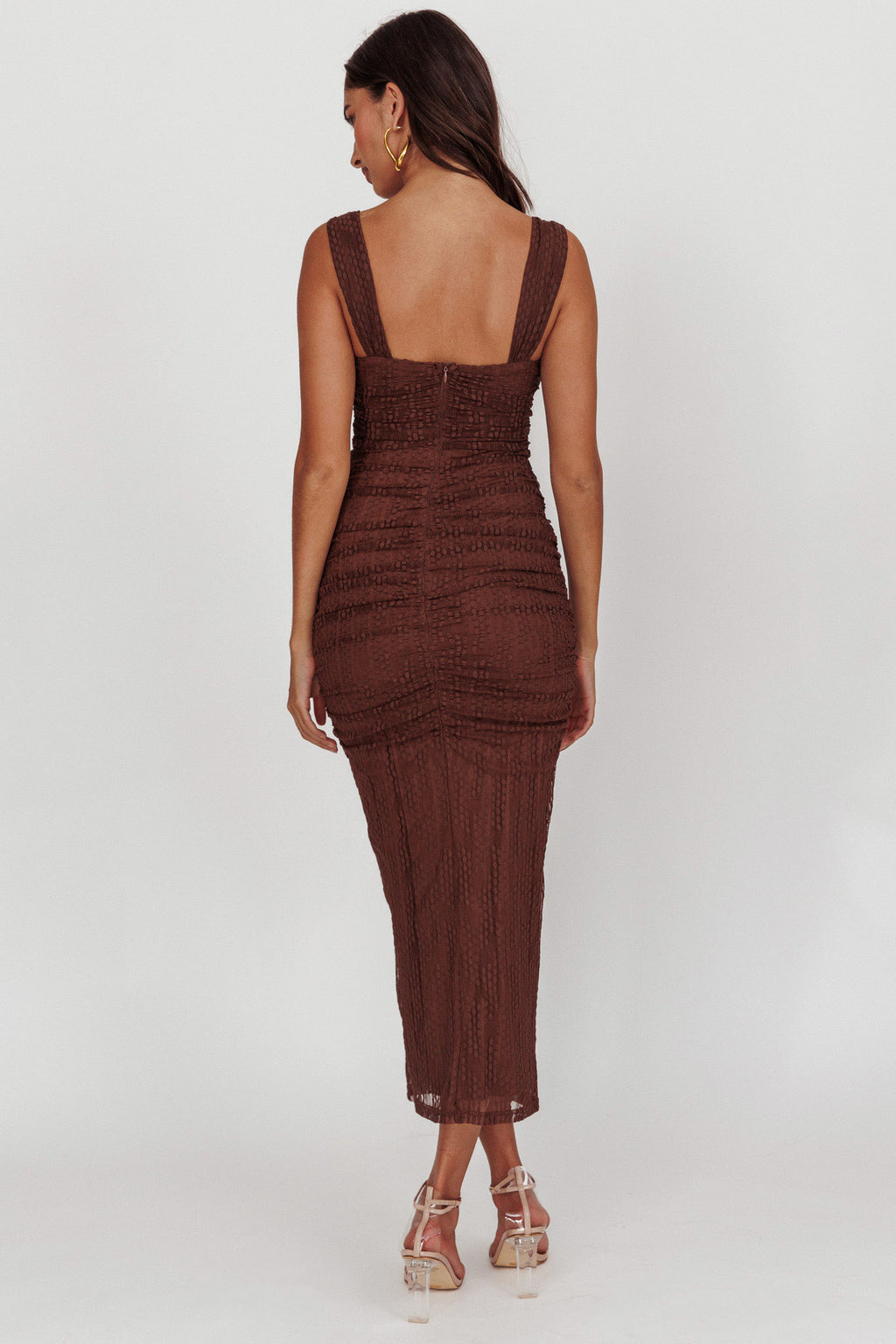 Oliana Embroidered Mesh Midi Dress Chocolate by Selfie Leslie