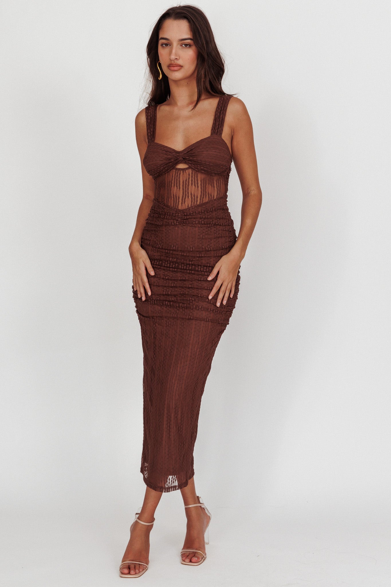 Oliana Embroidered Mesh Midi Dress Chocolate by Selfie Leslie