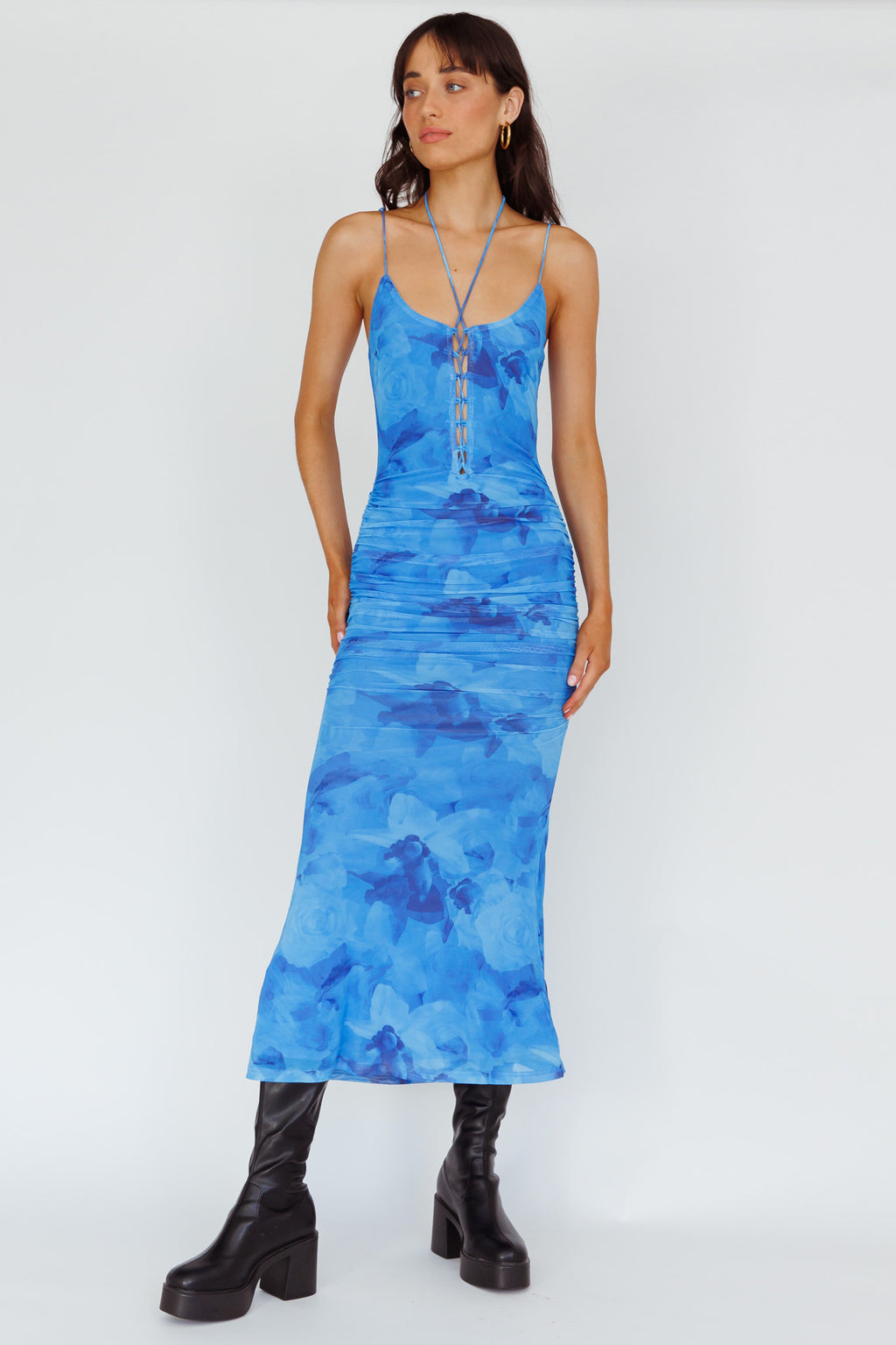 Gypsy Garden Laced Bodice Ruched Midi Dress Blue by Selfie Leslie