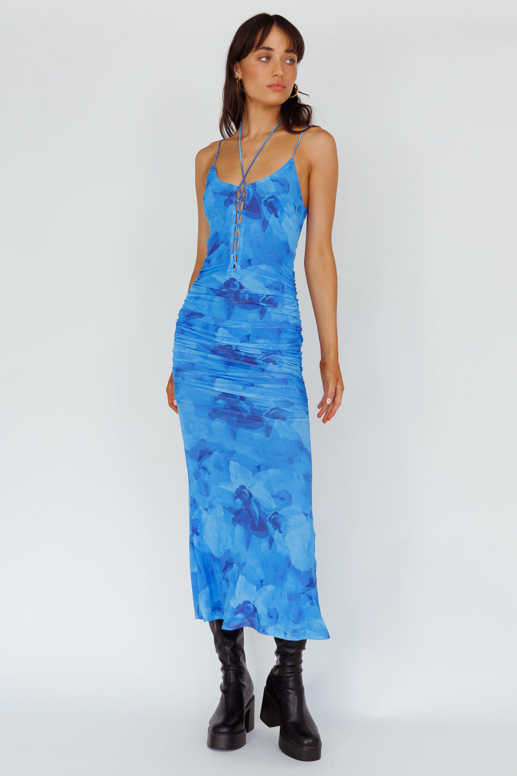 Gypsy Garden Laced Bodice Ruched Midi Dress Blue by Selfie Leslie