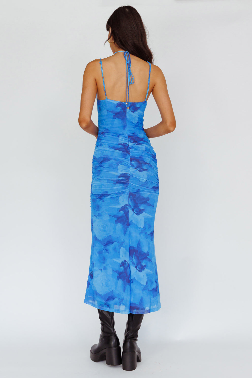 Gypsy Garden Laced Bodice Ruched Midi Dress Blue by Selfie Leslie
