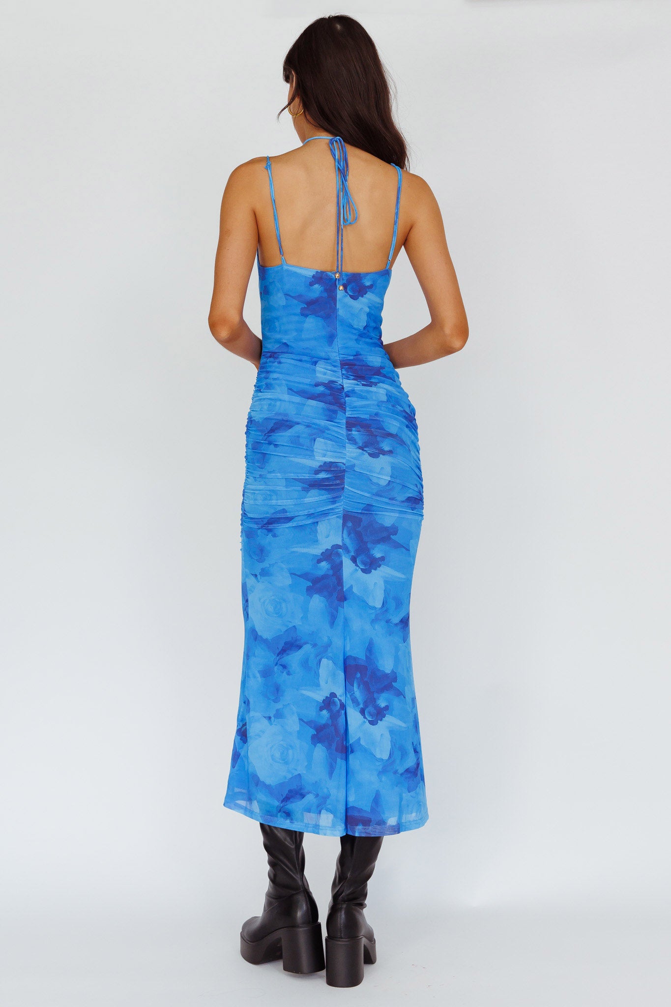 Gypsy Garden Laced Bodice Ruched Midi Dress Blue by Selfie Leslie