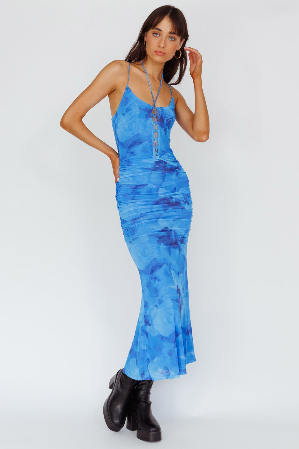 Gypsy Garden Laced Bodice Ruched Midi Dress Blue by Selfie Leslie