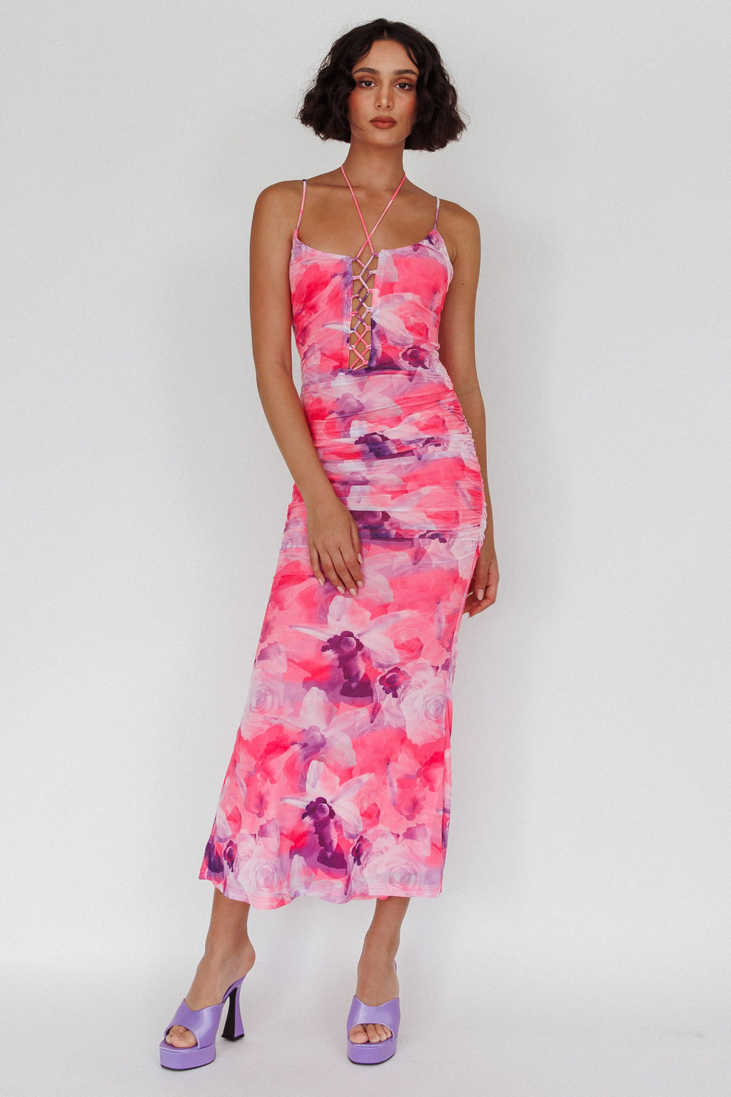 Gypsy Garden Laced Bodice Ruched Midi Dress Pink by Selfie Leslie