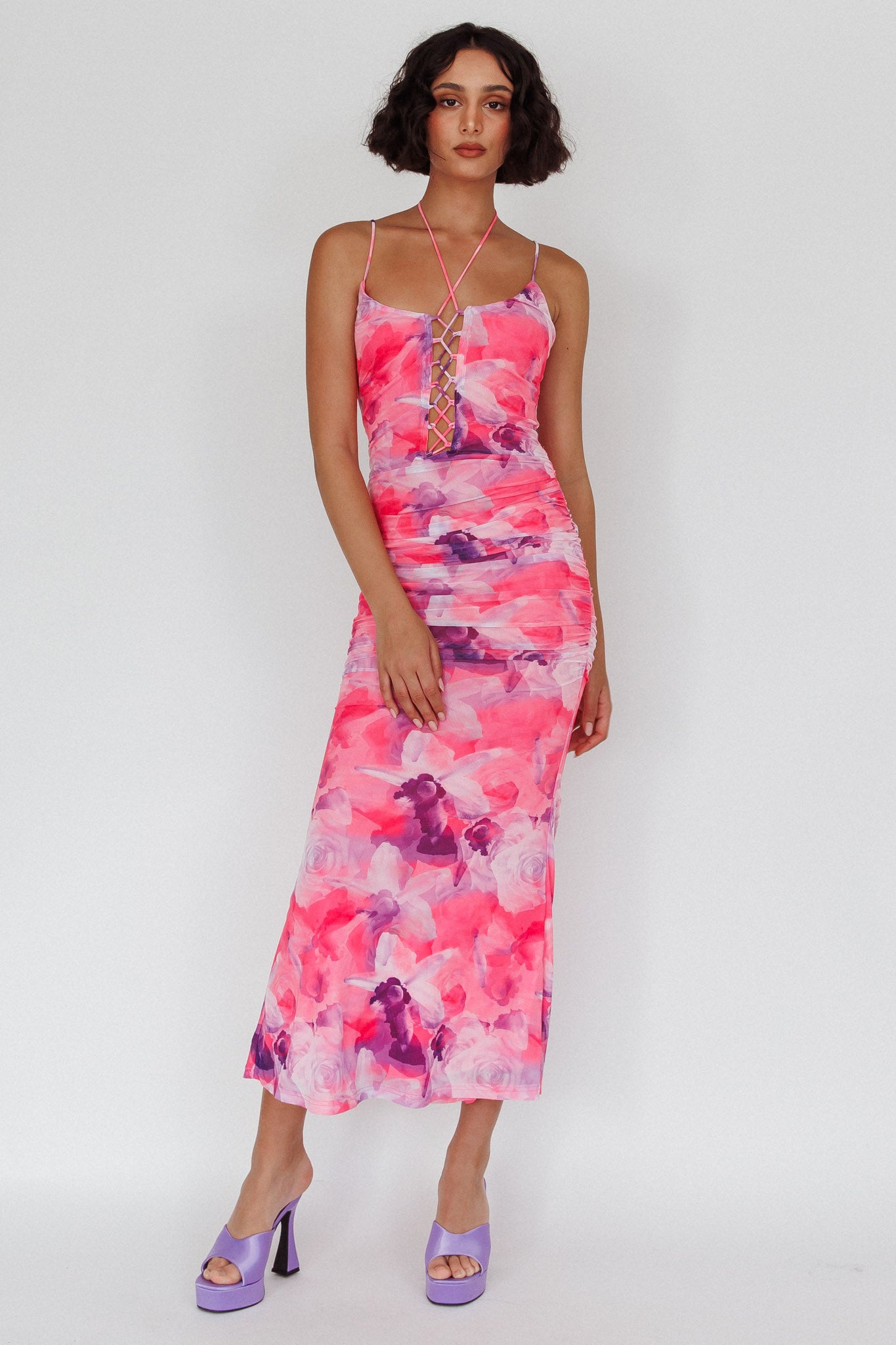 strapless open back dress Gypsy Garden Laced Bodice Ruched Midi Dress Pink