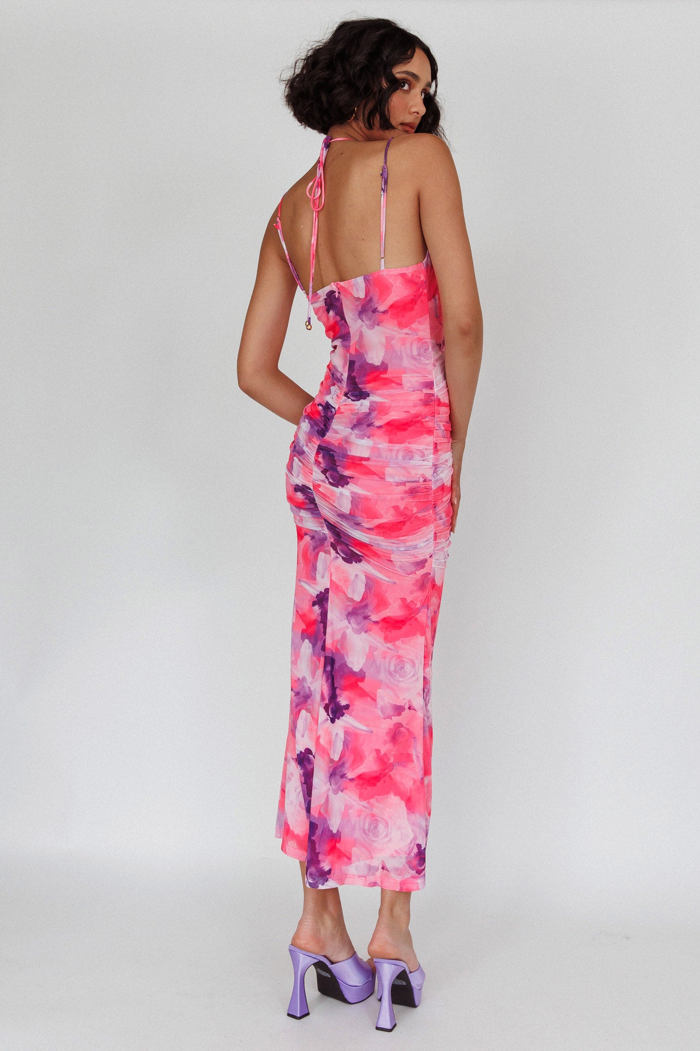 Gypsy Garden Laced Bodice Ruched Midi Dress Pink - XL Gypsy Garden Laced Bodice Ruched Midi Dress Pink - XL