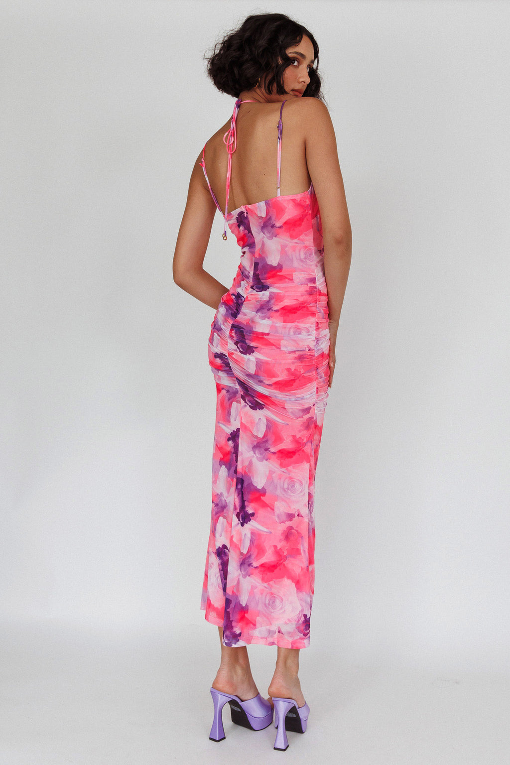 Gypsy Garden Laced Bodice Ruched Midi Dress Pink by Selfie Leslie