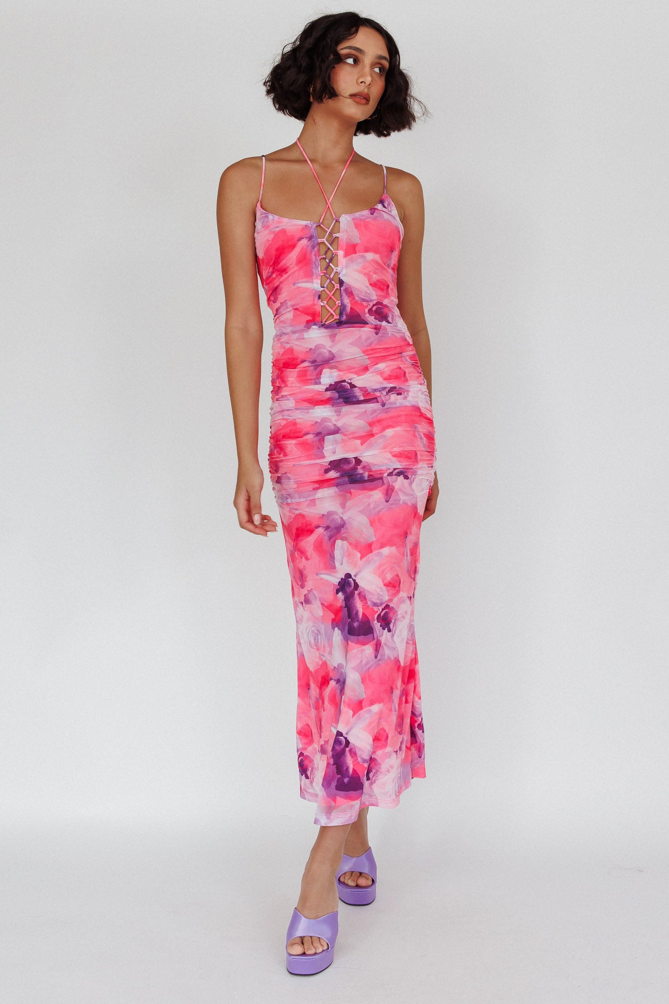 Gypsy Garden Laced Bodice Ruched Midi Dress Pink by Selfie Leslie