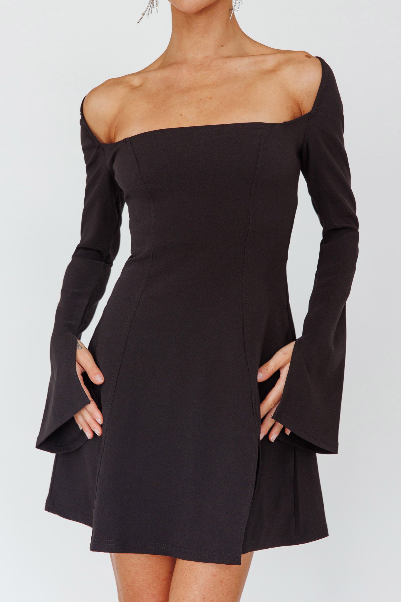 Kieran Long Sleeve A-Line Mini Dress Black by Selfie Leslie