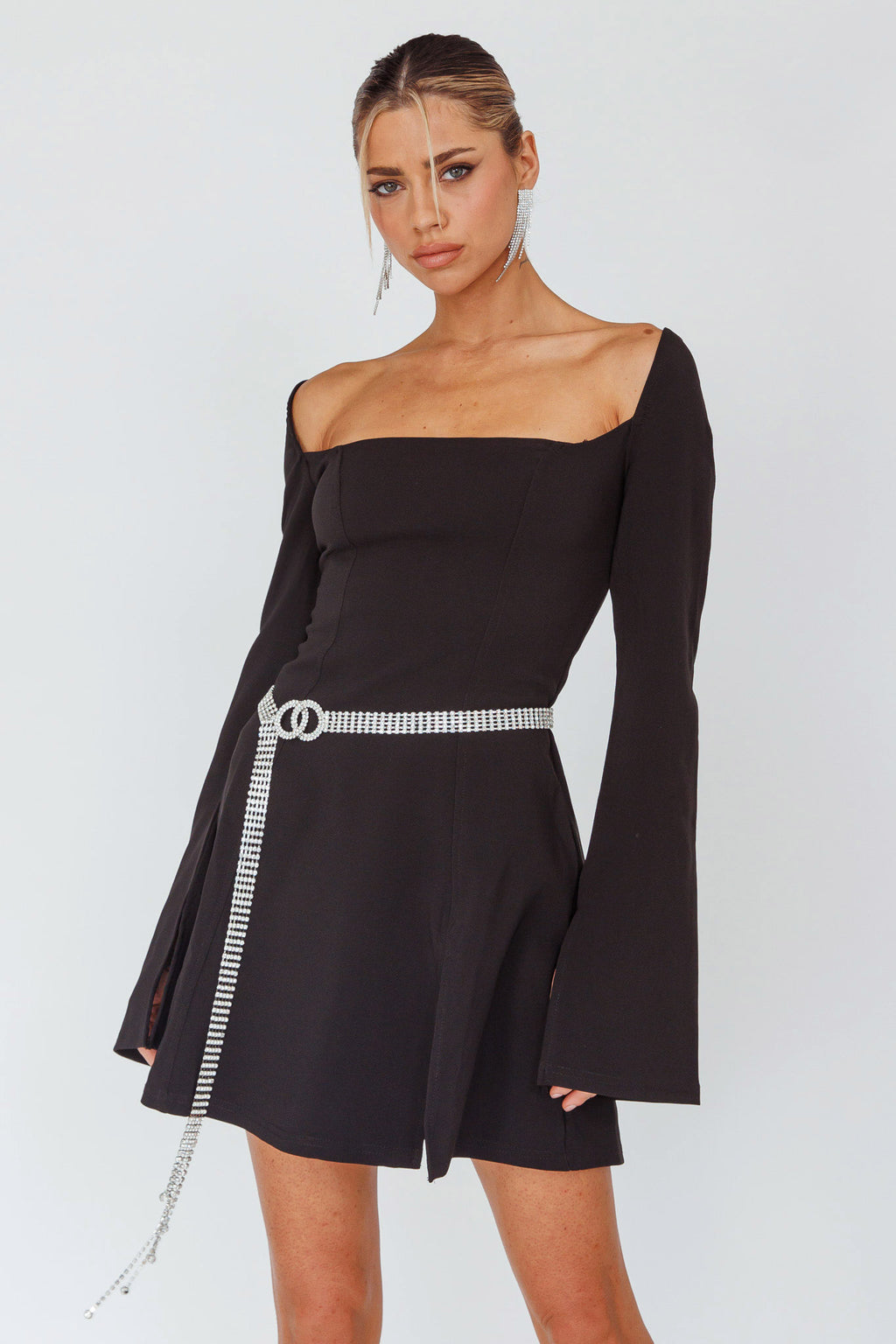 Kieran Long Sleeve A-Line Mini Dress Black by Selfie Leslie