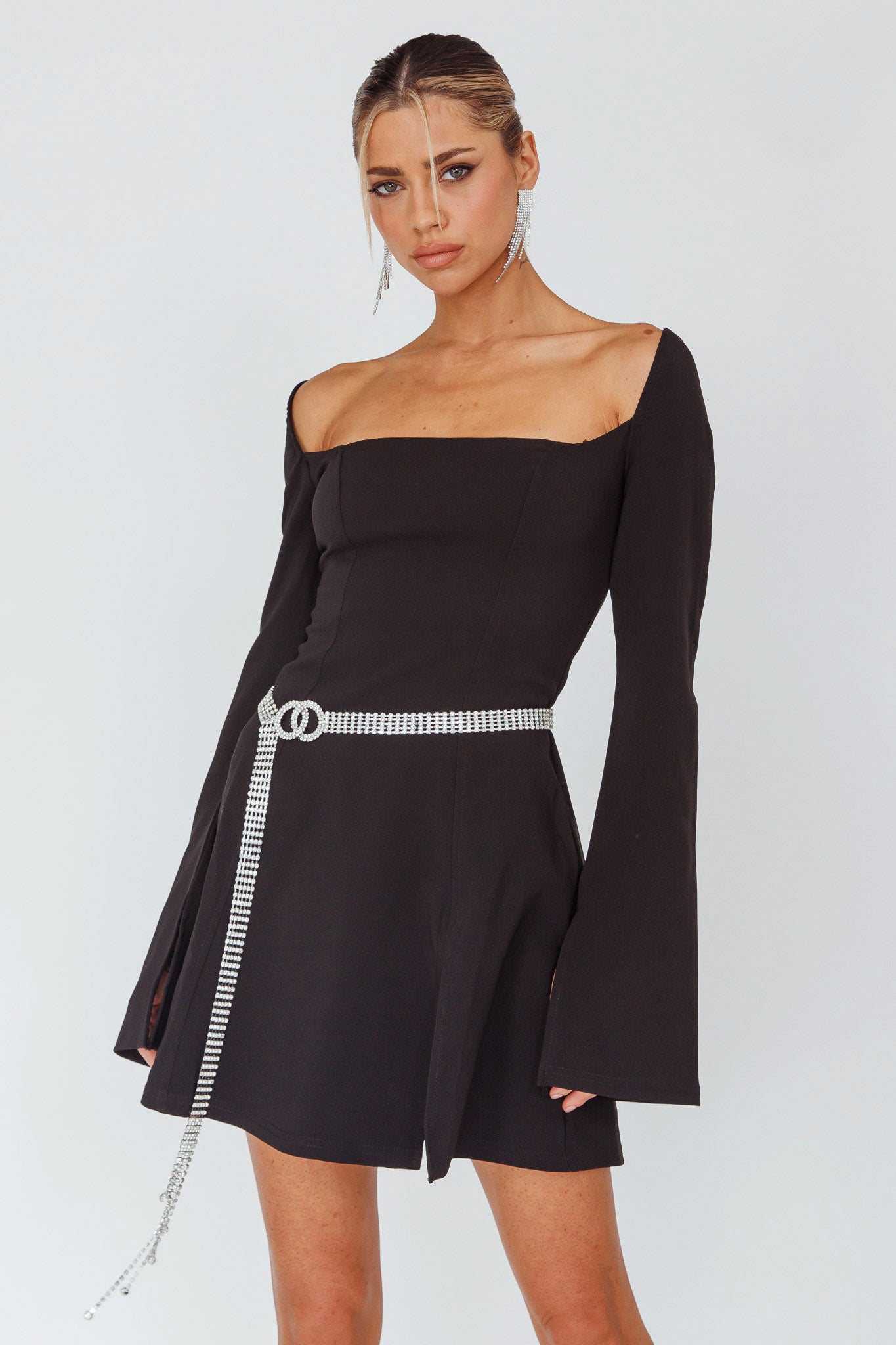Kieran Long Sleeve A-Line Mini Dress Black by Selfie Leslie