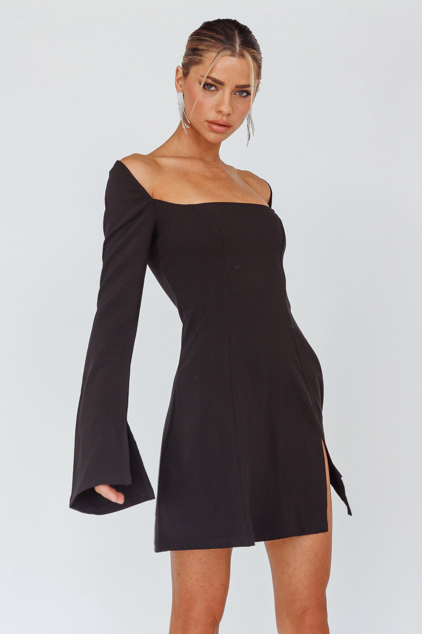 Kieran Long Sleeve A-Line Mini Dress Black by Selfie Leslie