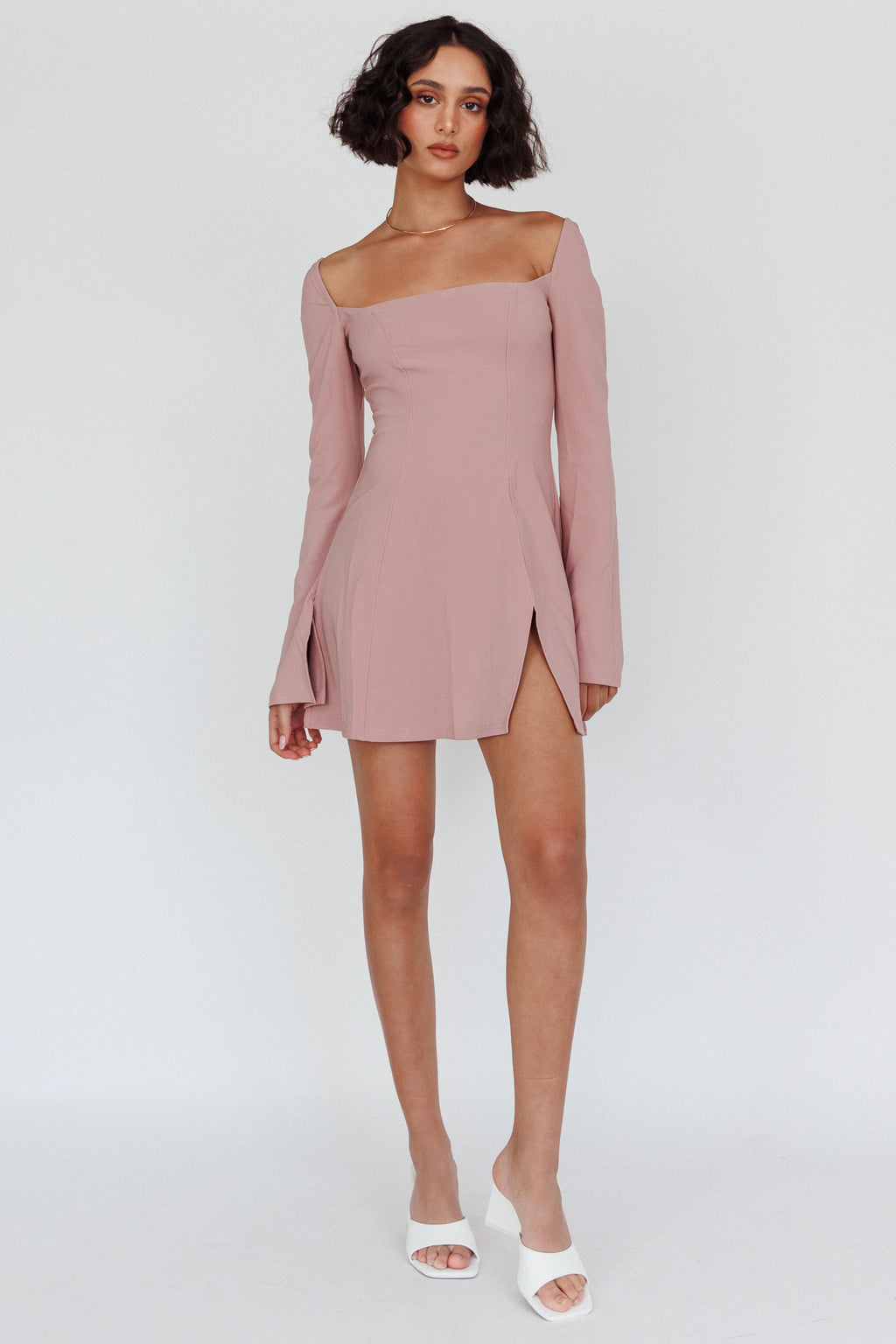 Kieran Long Sleeve A-Line Mini Dress Blush by Selfie Leslie