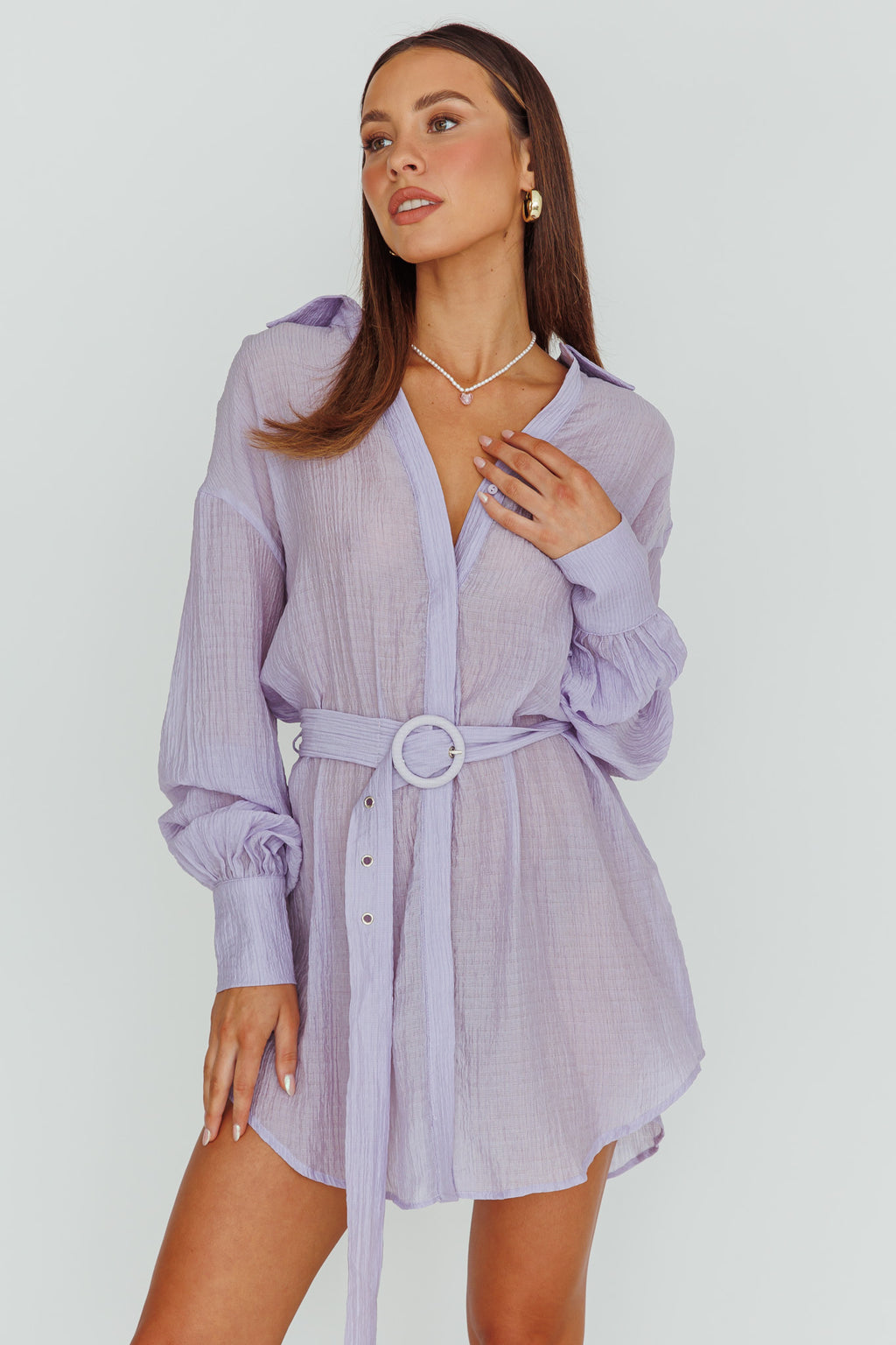 Sady Long Sleeve Shirt Mini Dress Lilac by Selfie Leslie
