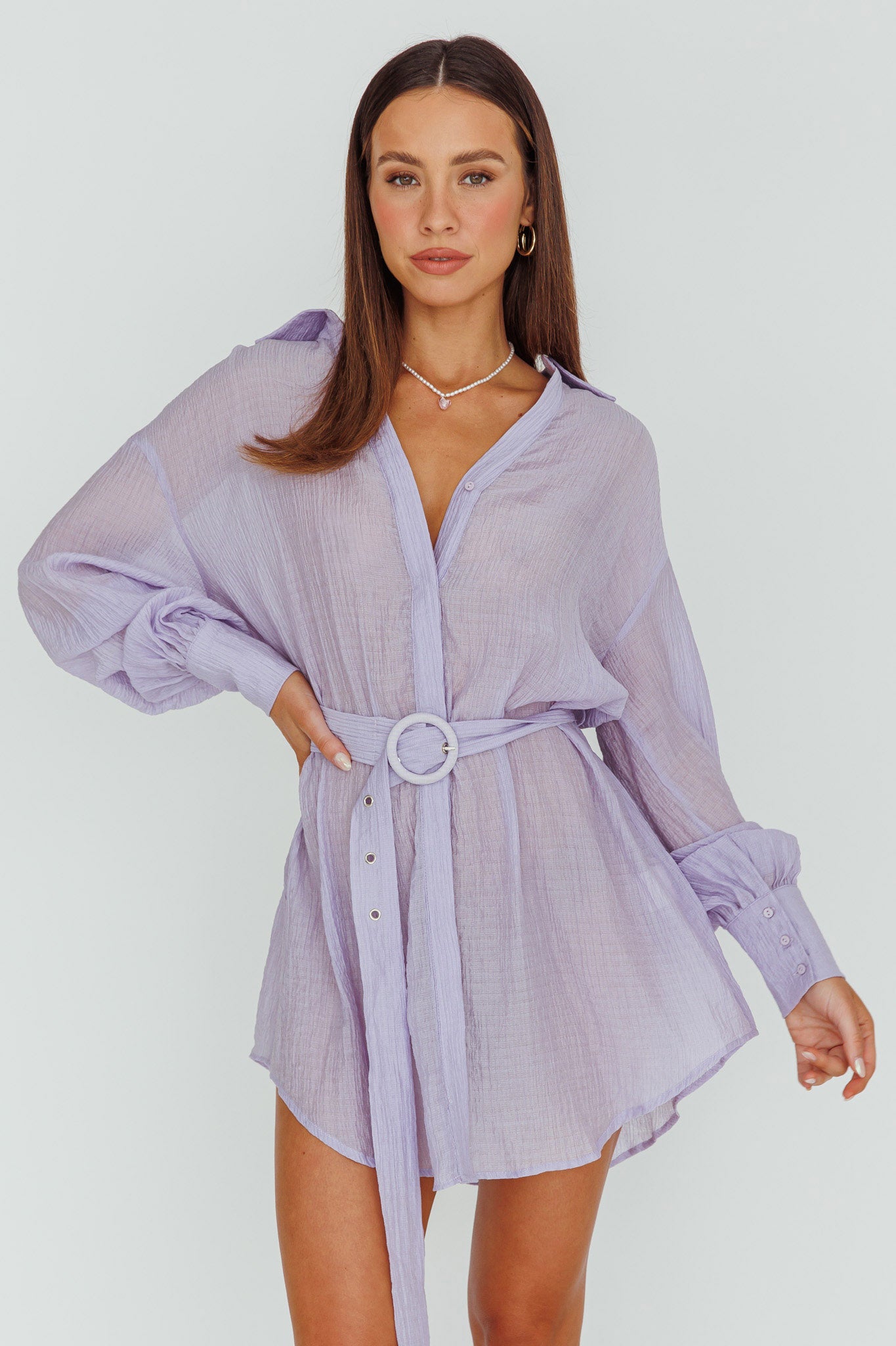 Sady Long Sleeve Shirt Mini Dress Lilac by Selfie Leslie