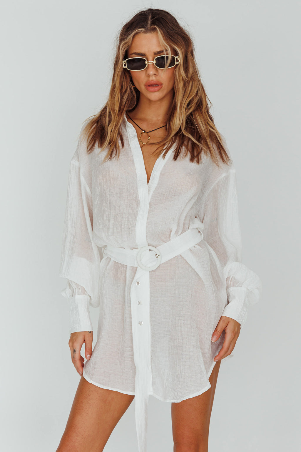Sady Long Sleeve Shirt Mini Dress White by Selfie Leslie