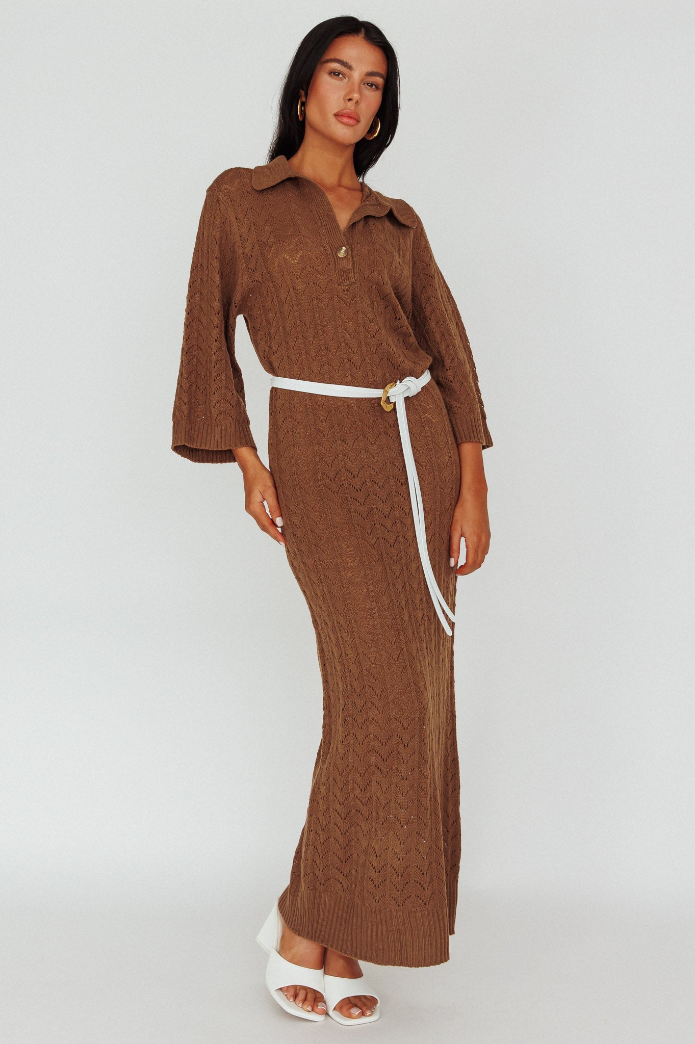 Alouette 3/4 Sleeve Crochet Midi Dress Cocoa by Selfie Leslie