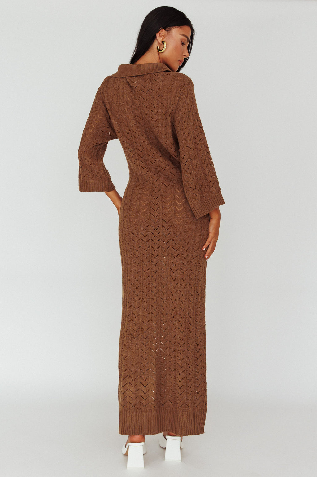 Alouette 3/4 Sleeve Crochet Midi Dress Cocoa by Selfie Leslie