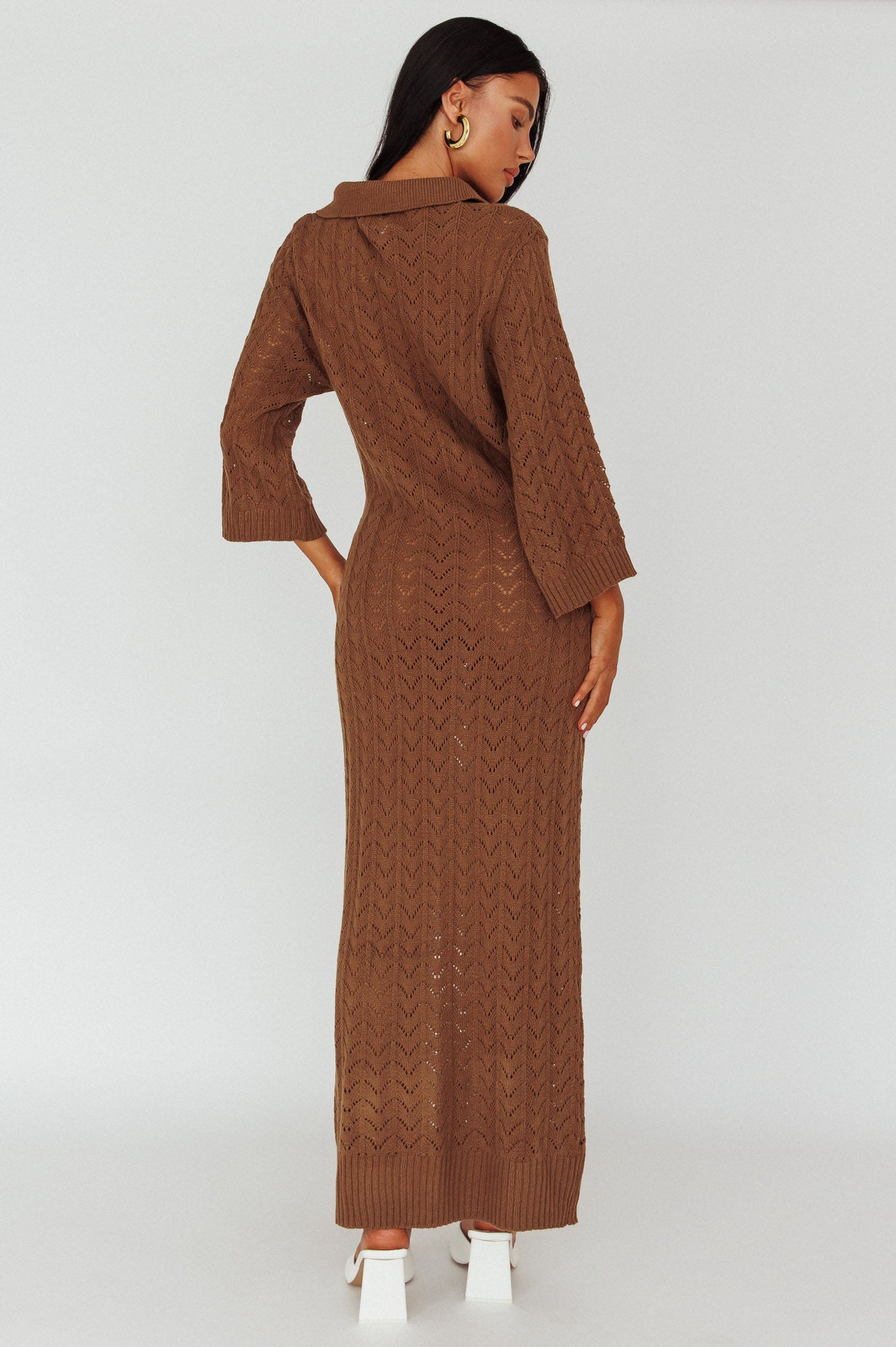Alouette 3/4 Sleeve Crochet Midi Dress Cocoa by Selfie Leslie