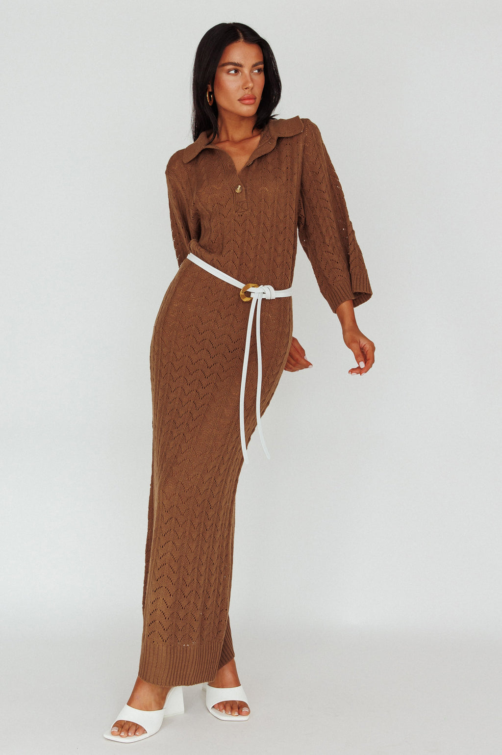Alouette 3/4 Sleeve Crochet Midi Dress Cocoa by Selfie Leslie