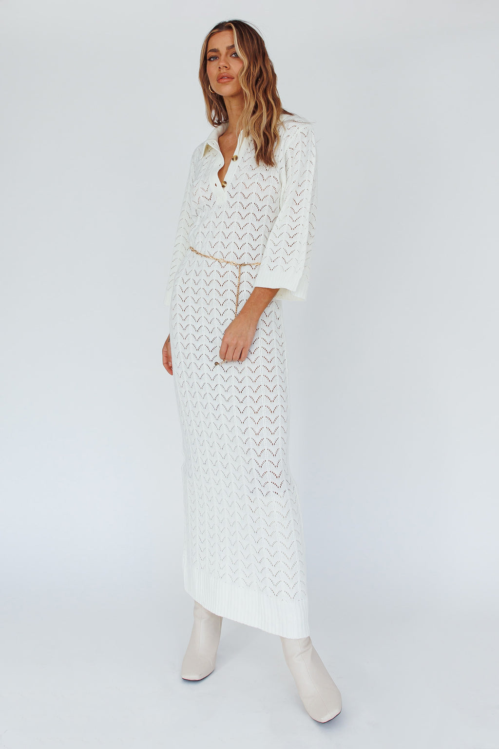 Alouette 3/4 Sleeve Crochet Midi Dress Cream by Selfie Leslie