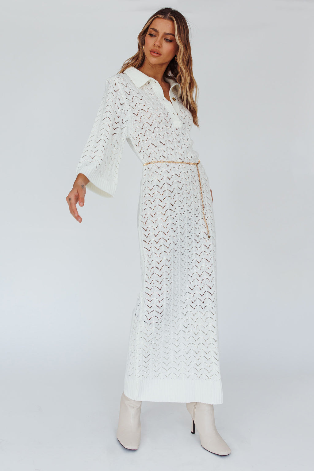Alouette 3/4 Sleeve Crochet Midi Dress Cream by Selfie Leslie