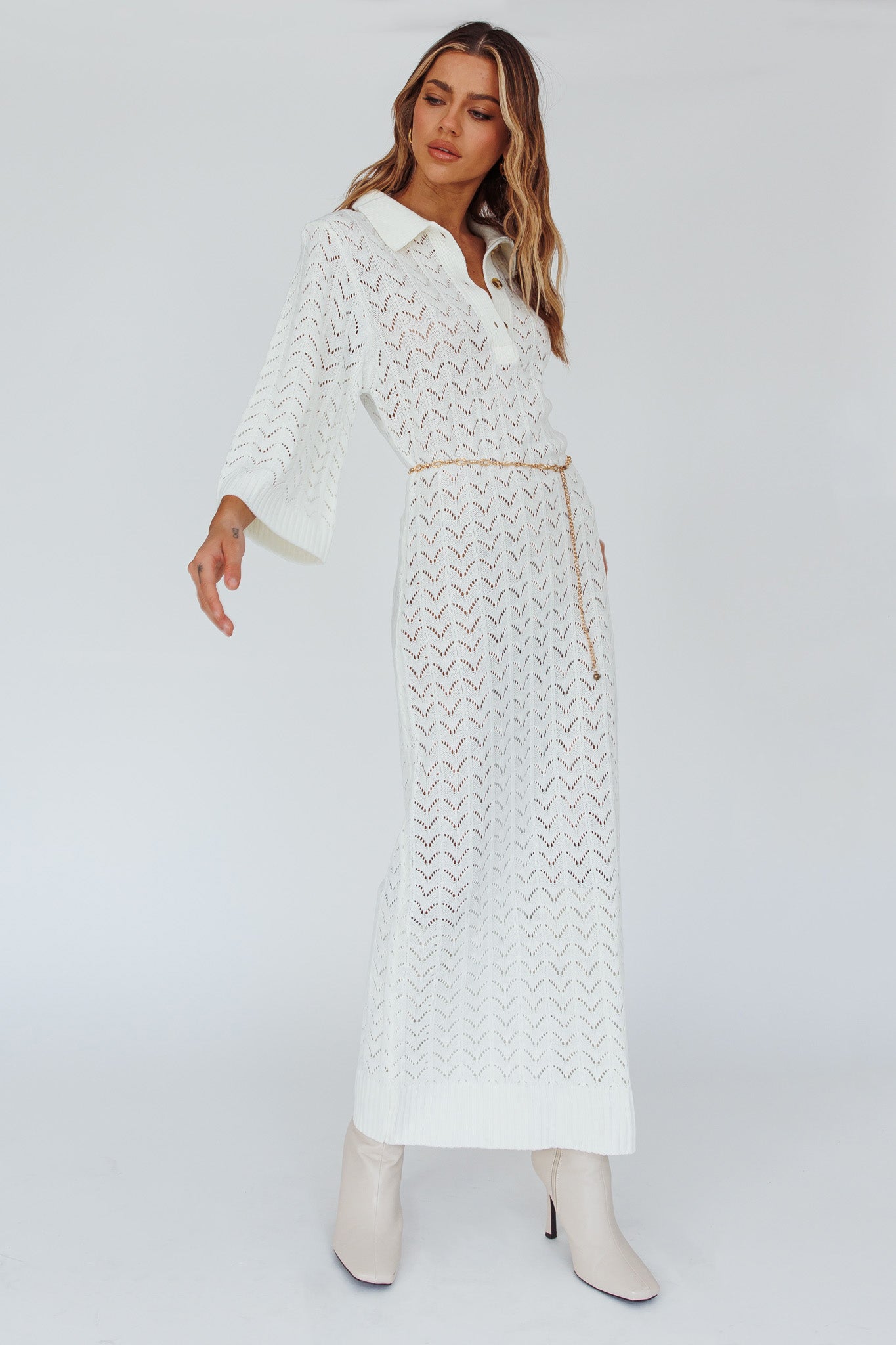 Alouette 3/4 Sleeve Crochet Midi Dress Cream by Selfie Leslie
