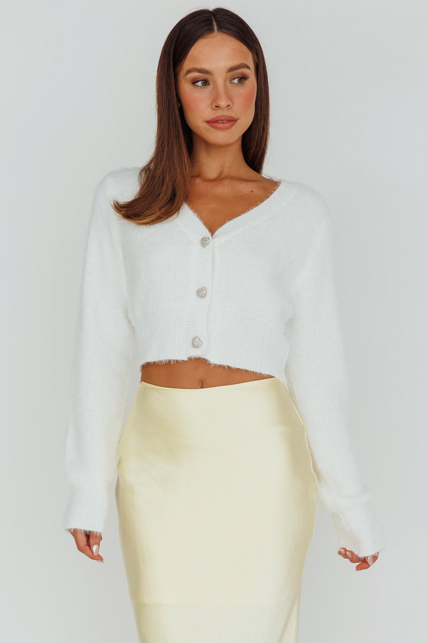 Chica Dulce Heart Button Knit Crop Top Cream by Selfie Leslie