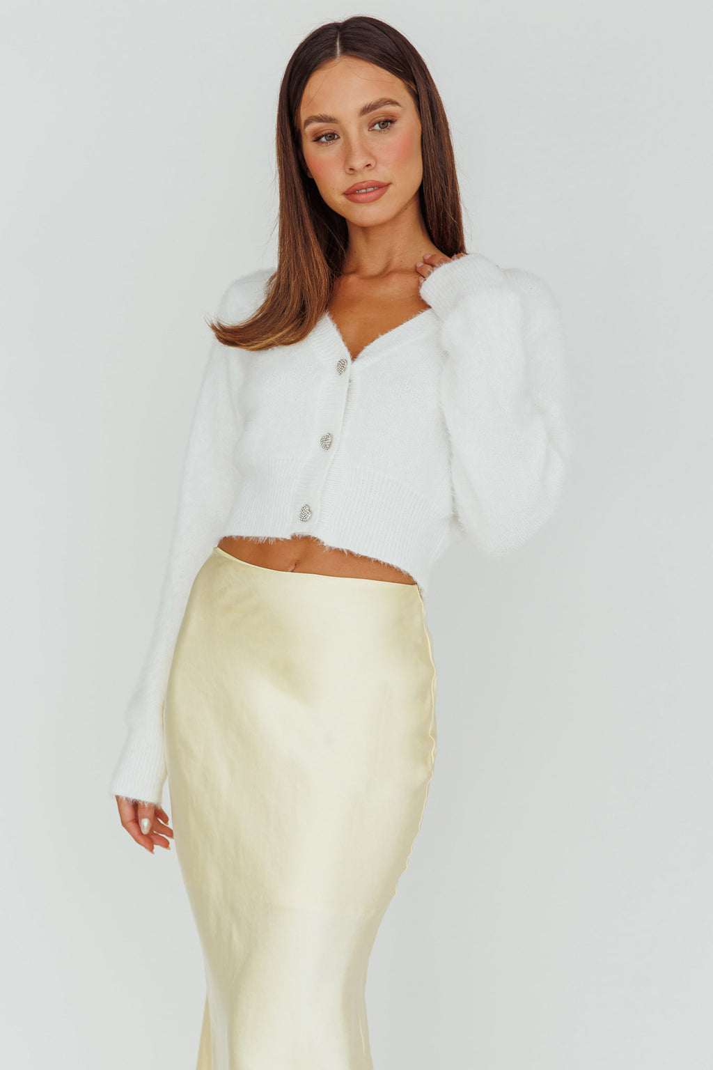 Chica Dulce Heart Button Knit Crop Top Cream by Selfie Leslie