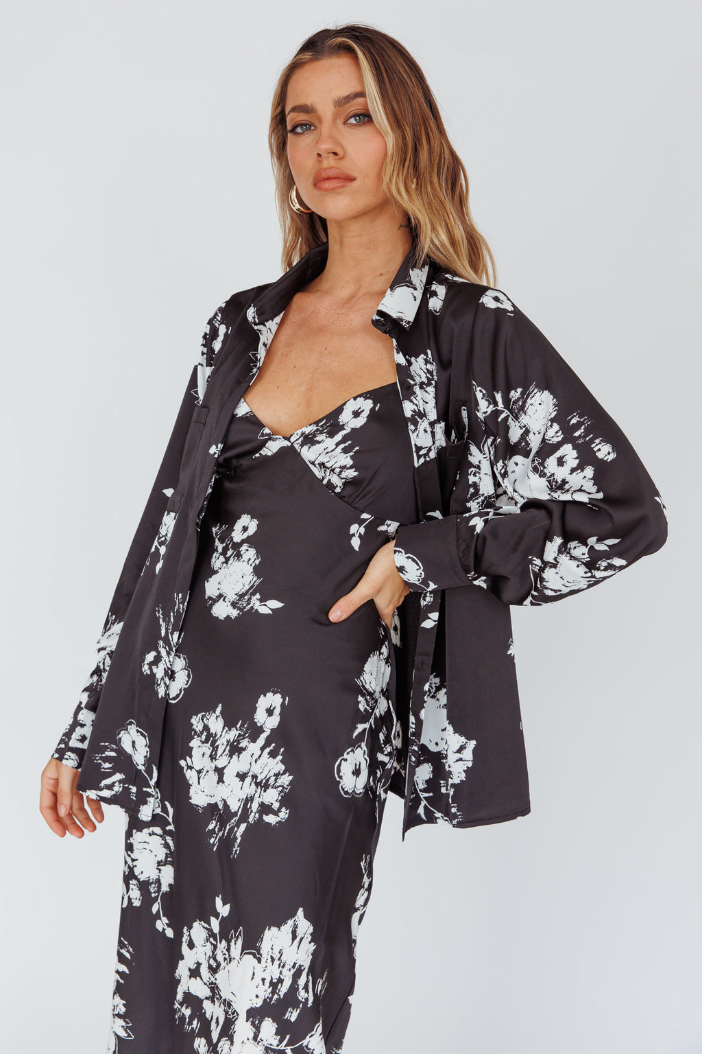 Dillon Long Sleeve Satin Shirt Floral Black by Selfie Leslie