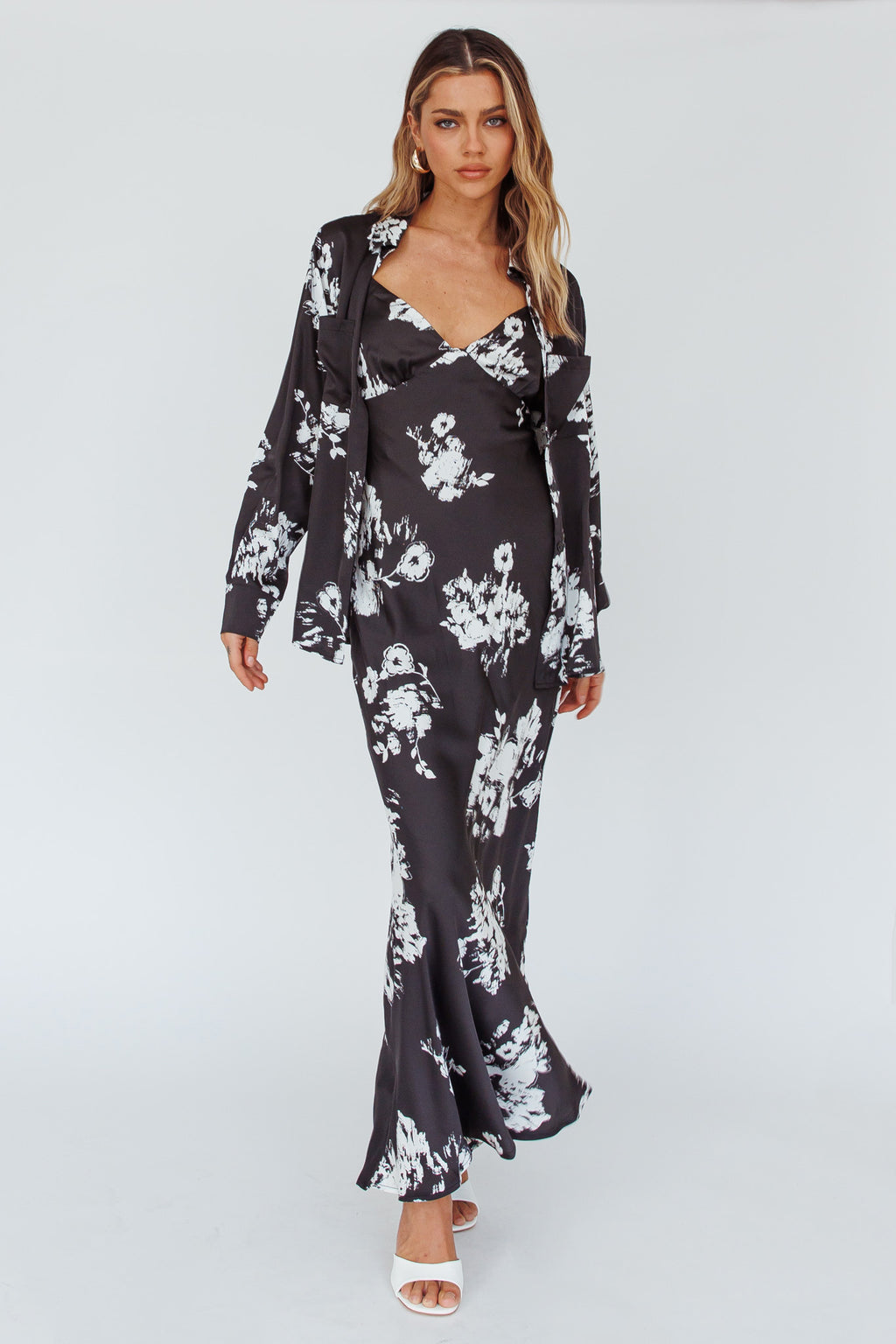 Dillon Long Sleeve Satin Shirt Floral Black by Selfie Leslie