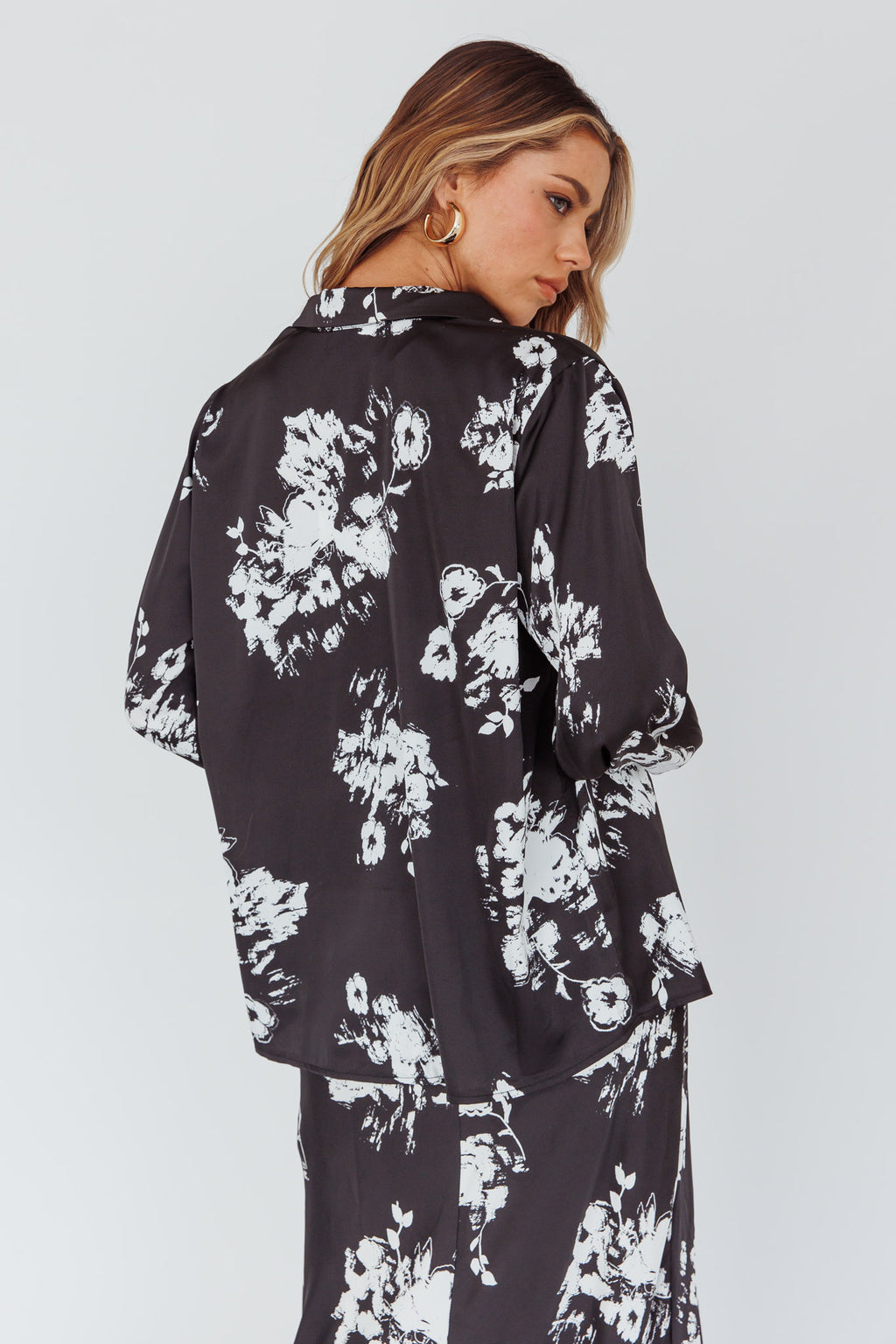 Dillon Long Sleeve Satin Shirt Floral Black by Selfie Leslie