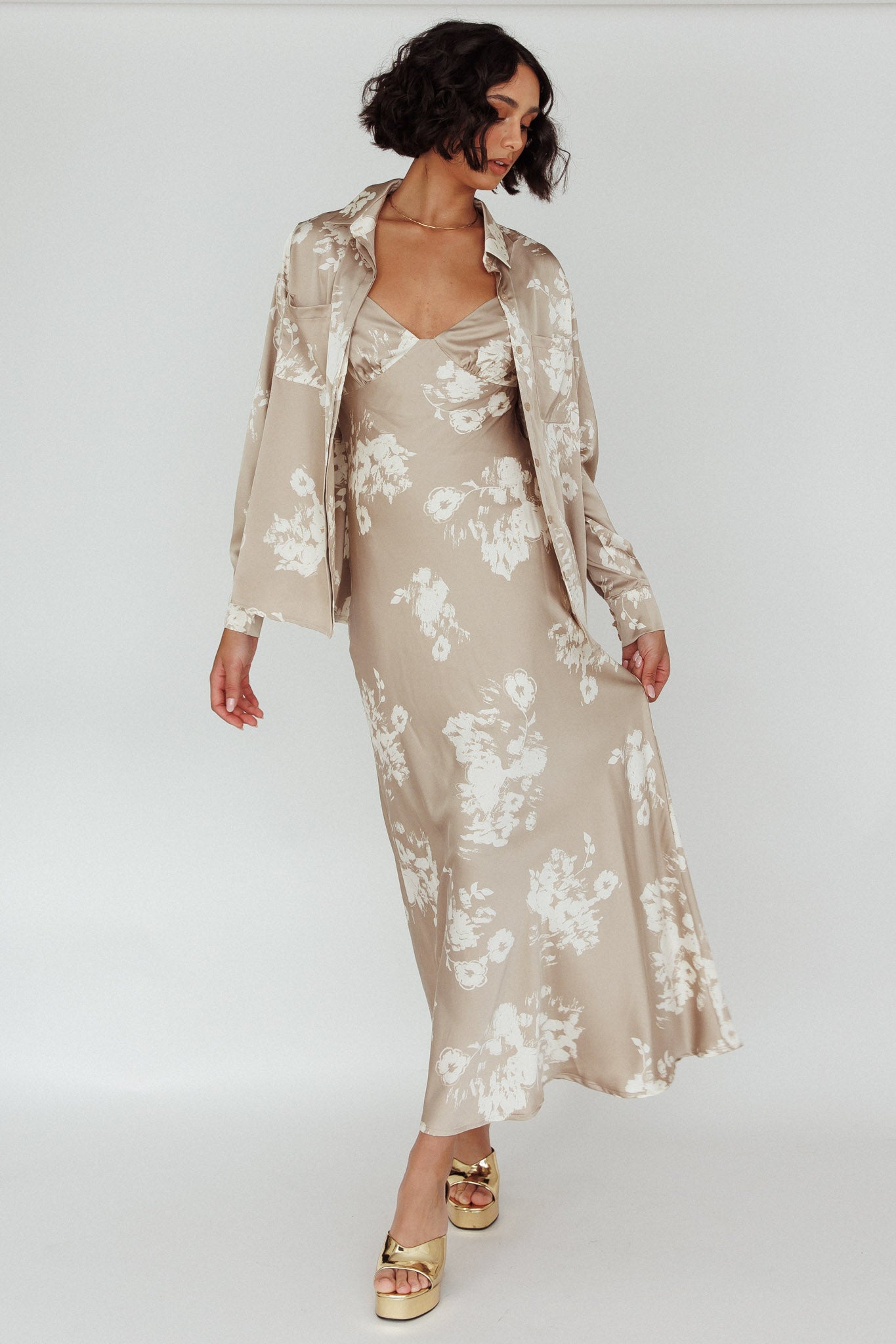 Dillon Long Sleeve Satin Shirt Floral Grey by Selfie Leslie
