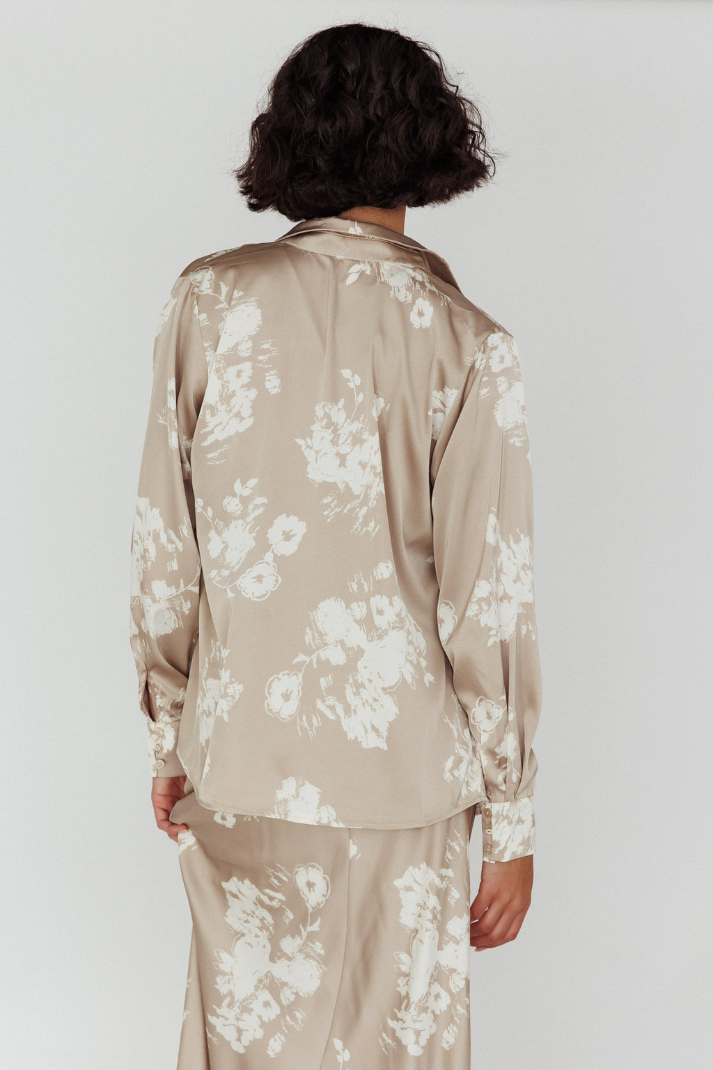 Dillon Long Sleeve Satin Shirt Floral Grey by Selfie Leslie
