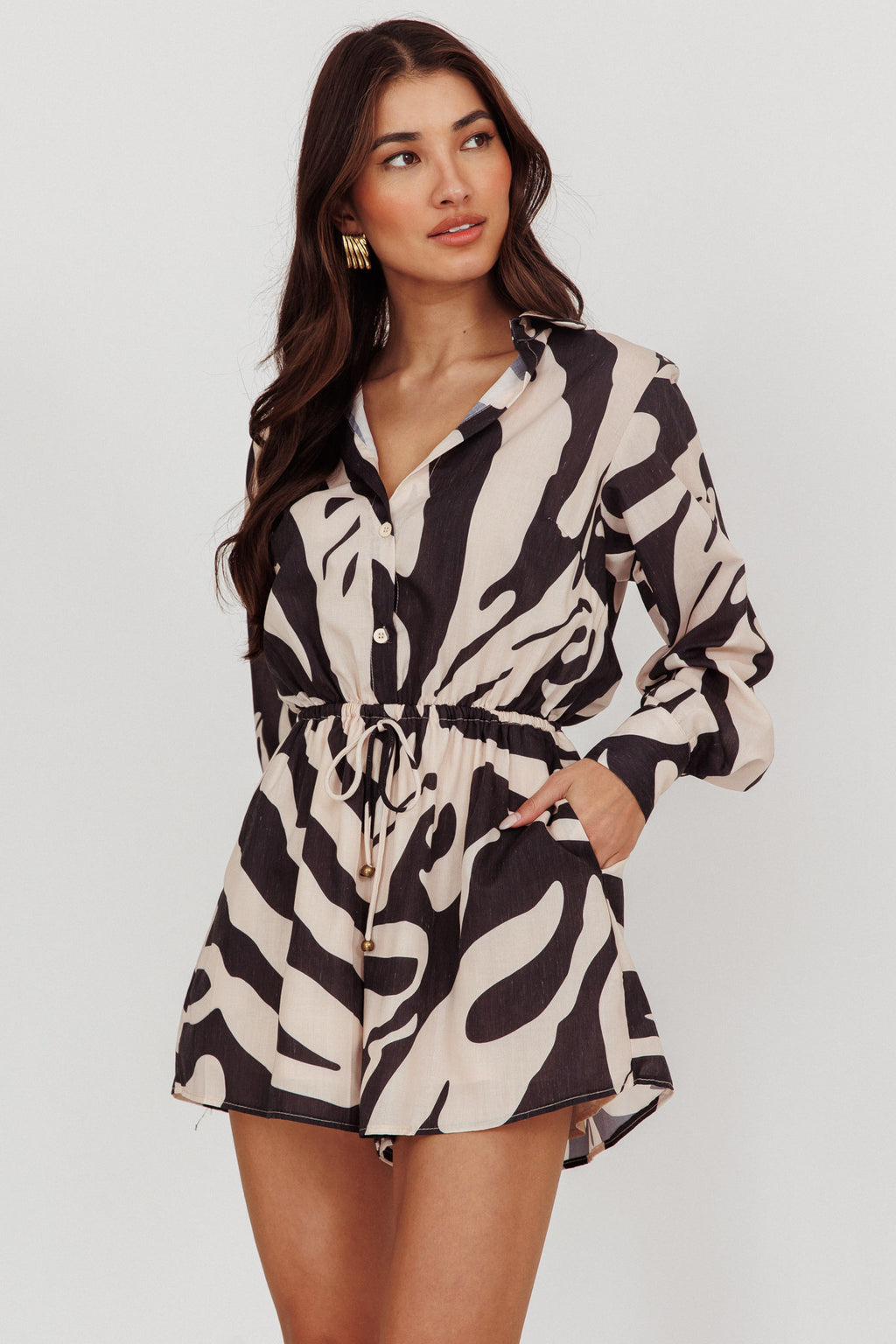 Tiki Long Sleeve Romper Print Beige by Selfie Leslie