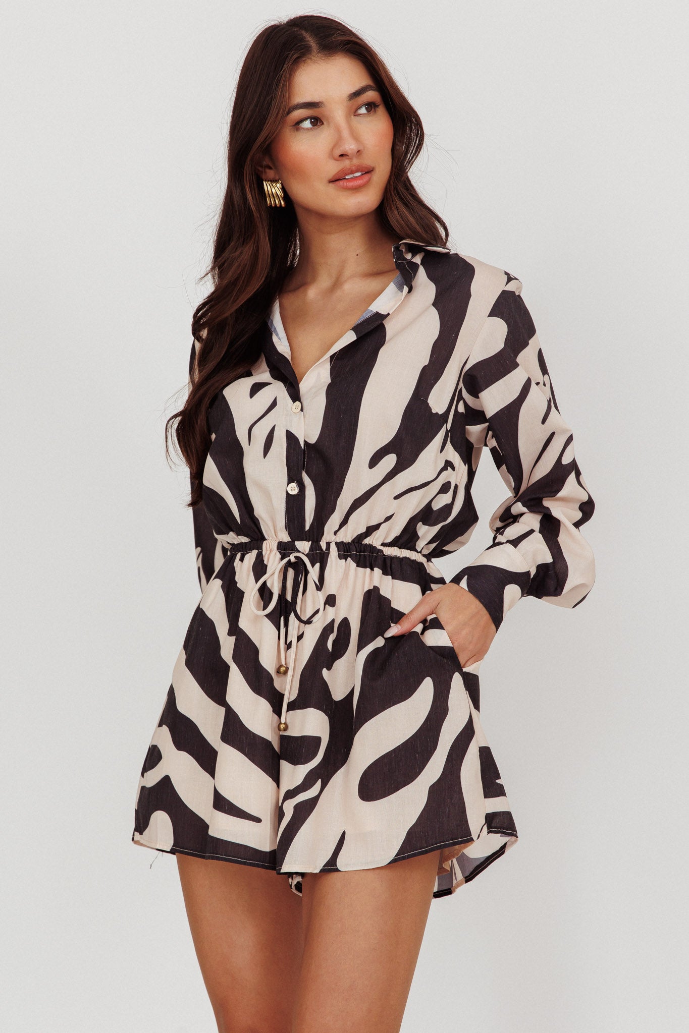 Tiki Long Sleeve Romper Print Beige by Selfie Leslie