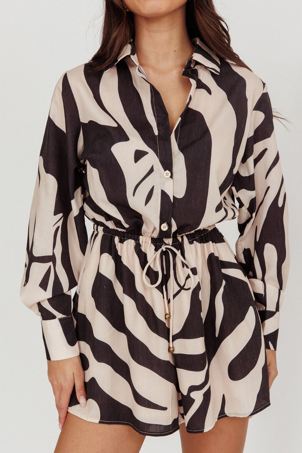 Tiki Long Sleeve Romper Print Beige by Selfie Leslie